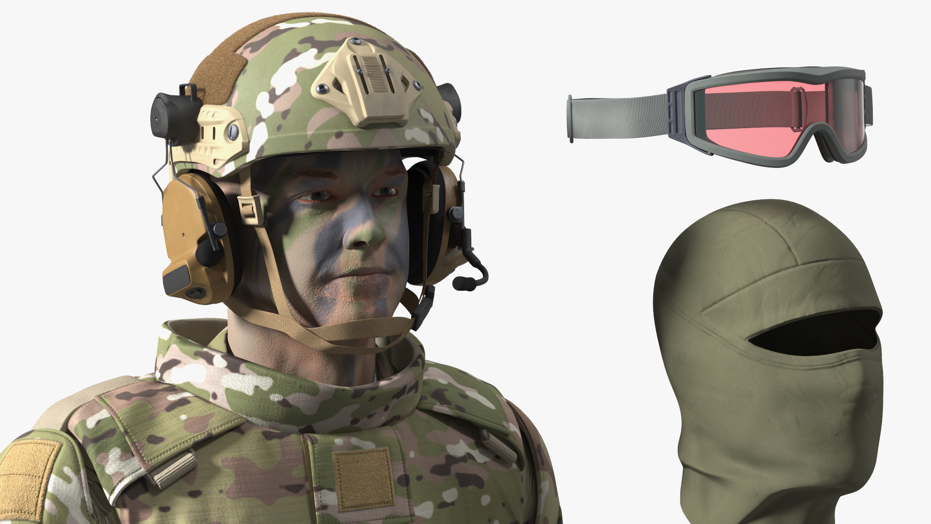 3D Soldier in Green Tactical Gear with Goggles Standing Fur