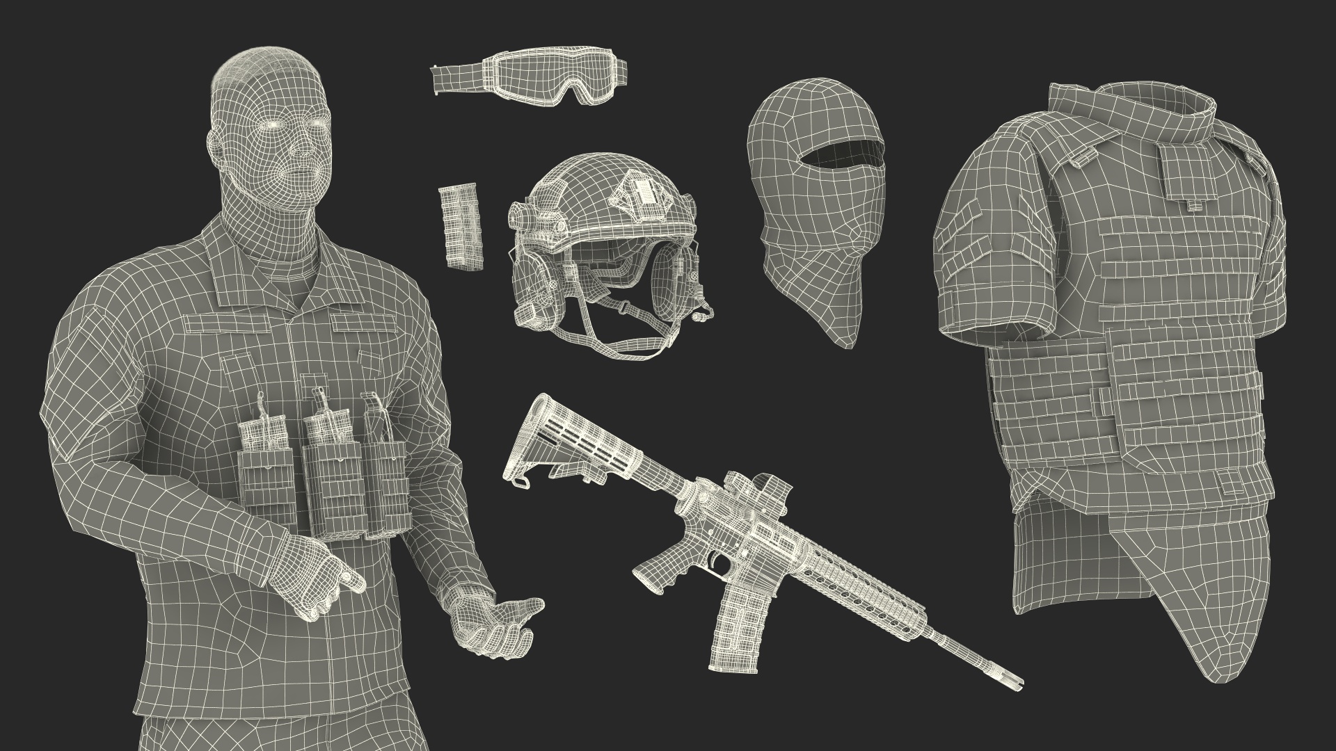 3D Soldier in Green Tactical Gear with Goggles Standing Fur