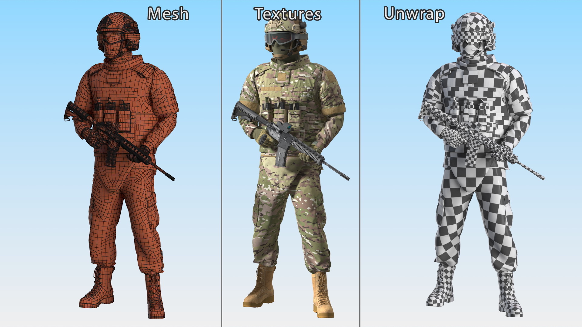 3D Soldier in Green Tactical Gear with Goggles Standing Fur