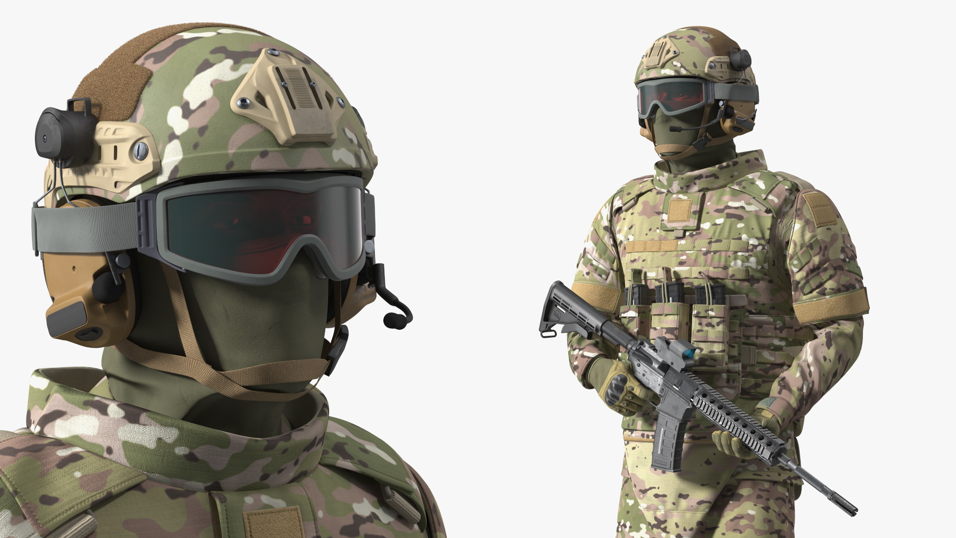 3D Soldier in Green Tactical Gear with Goggles Standing Fur