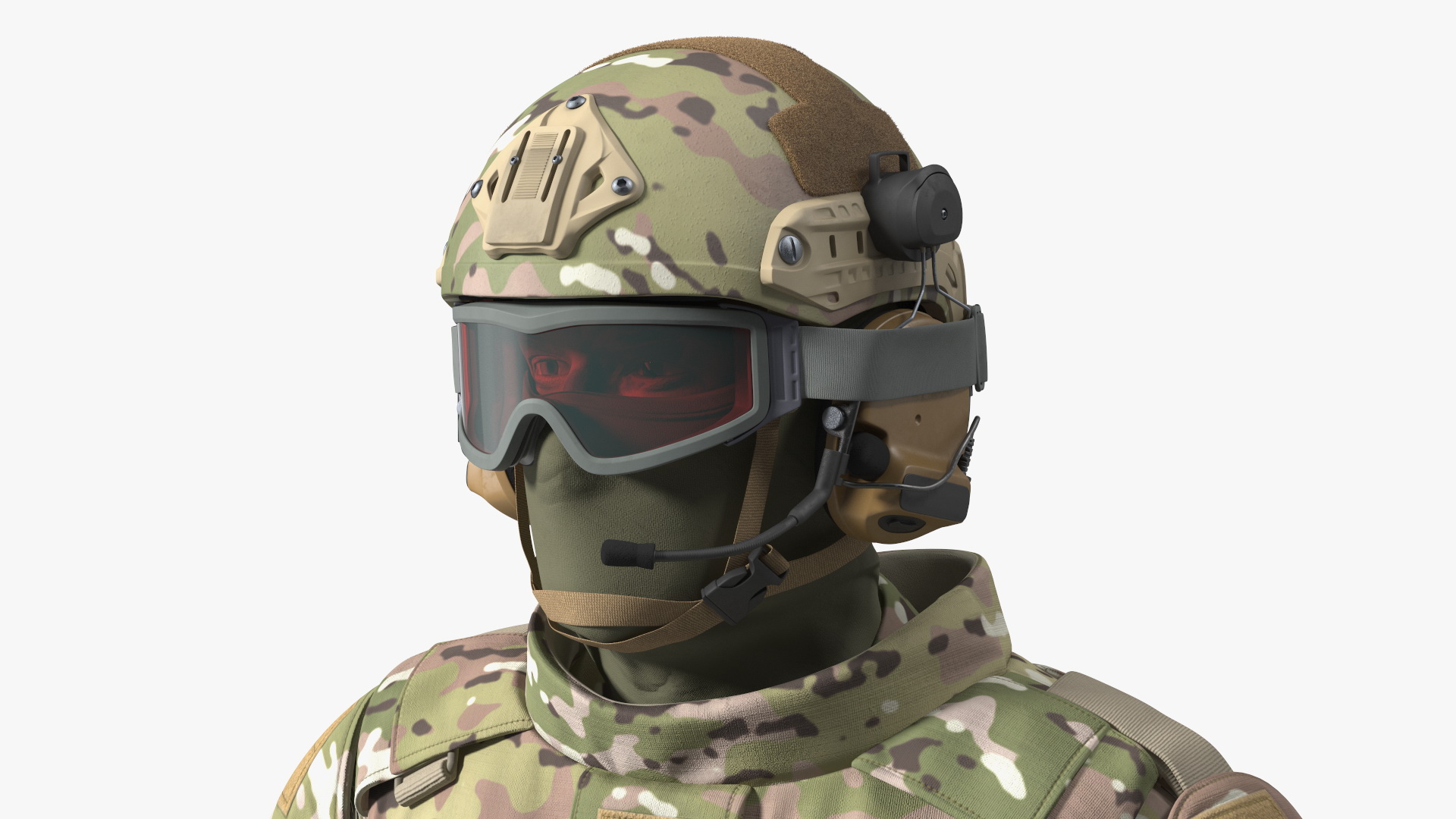 3D Soldier in Green Tactical Gear with Goggles Standing Fur