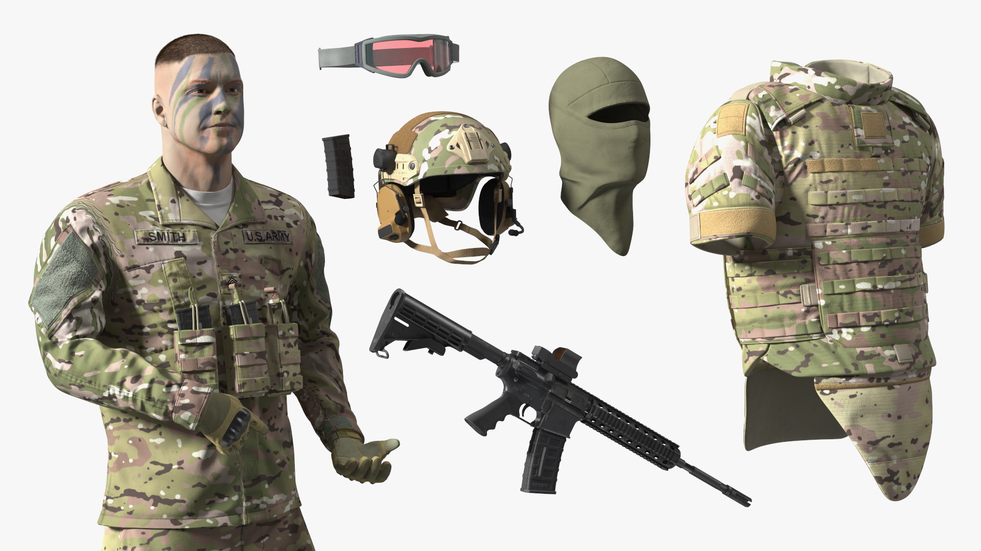 3D Soldier in Green Tactical Gear with Goggles Standing Fur