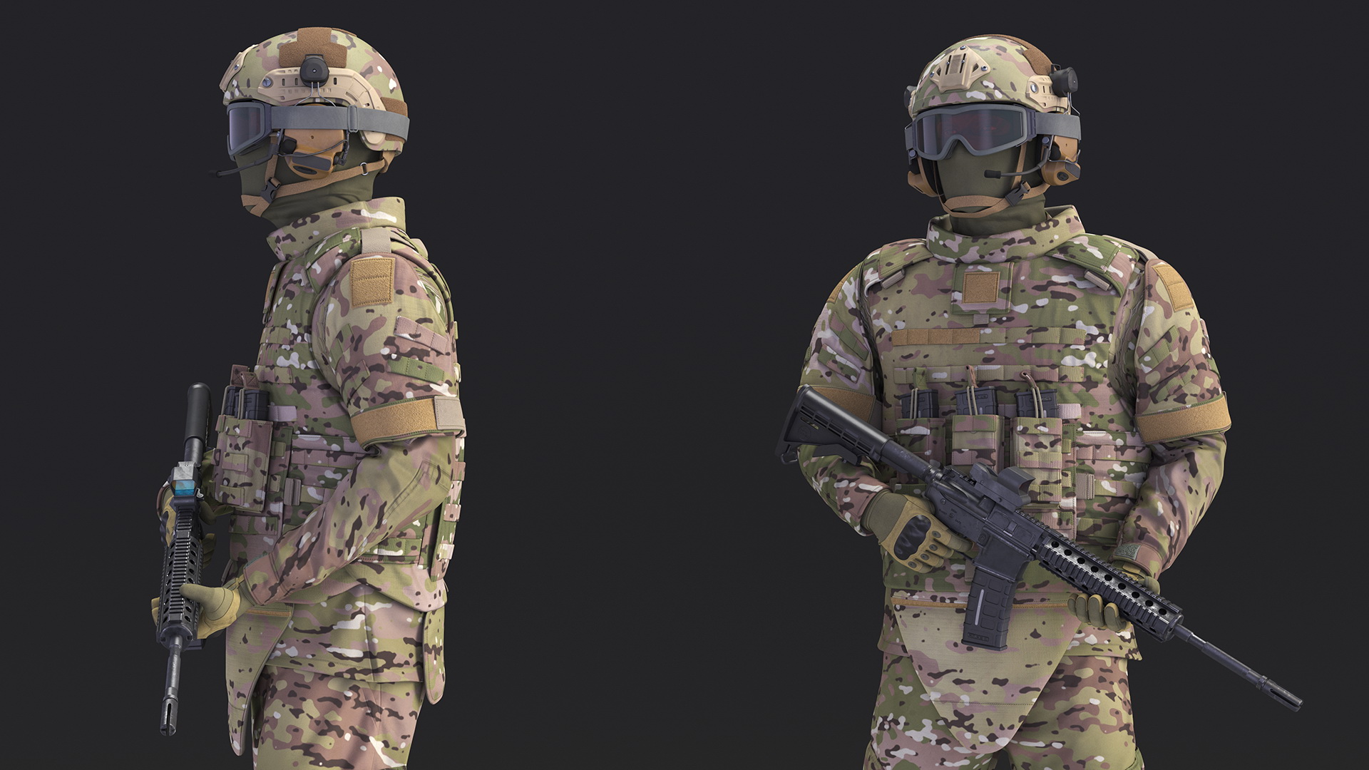 3D Soldier in Green Tactical Gear with Goggles Standing Fur