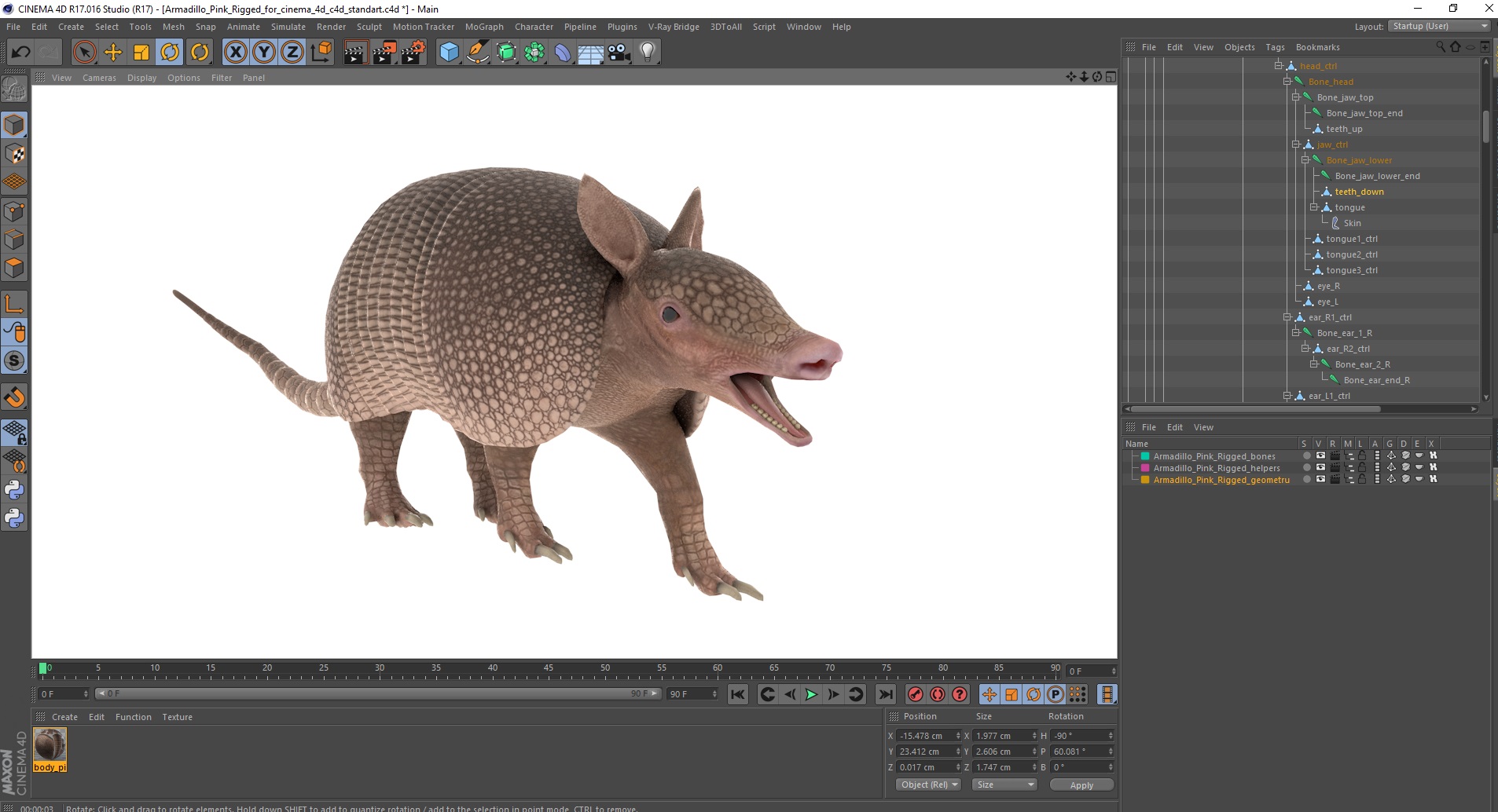 3D model Armadillo Pink Rigged for Cinema 4D