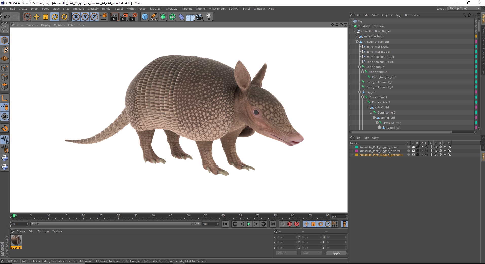 3D model Armadillo Pink Rigged for Cinema 4D
