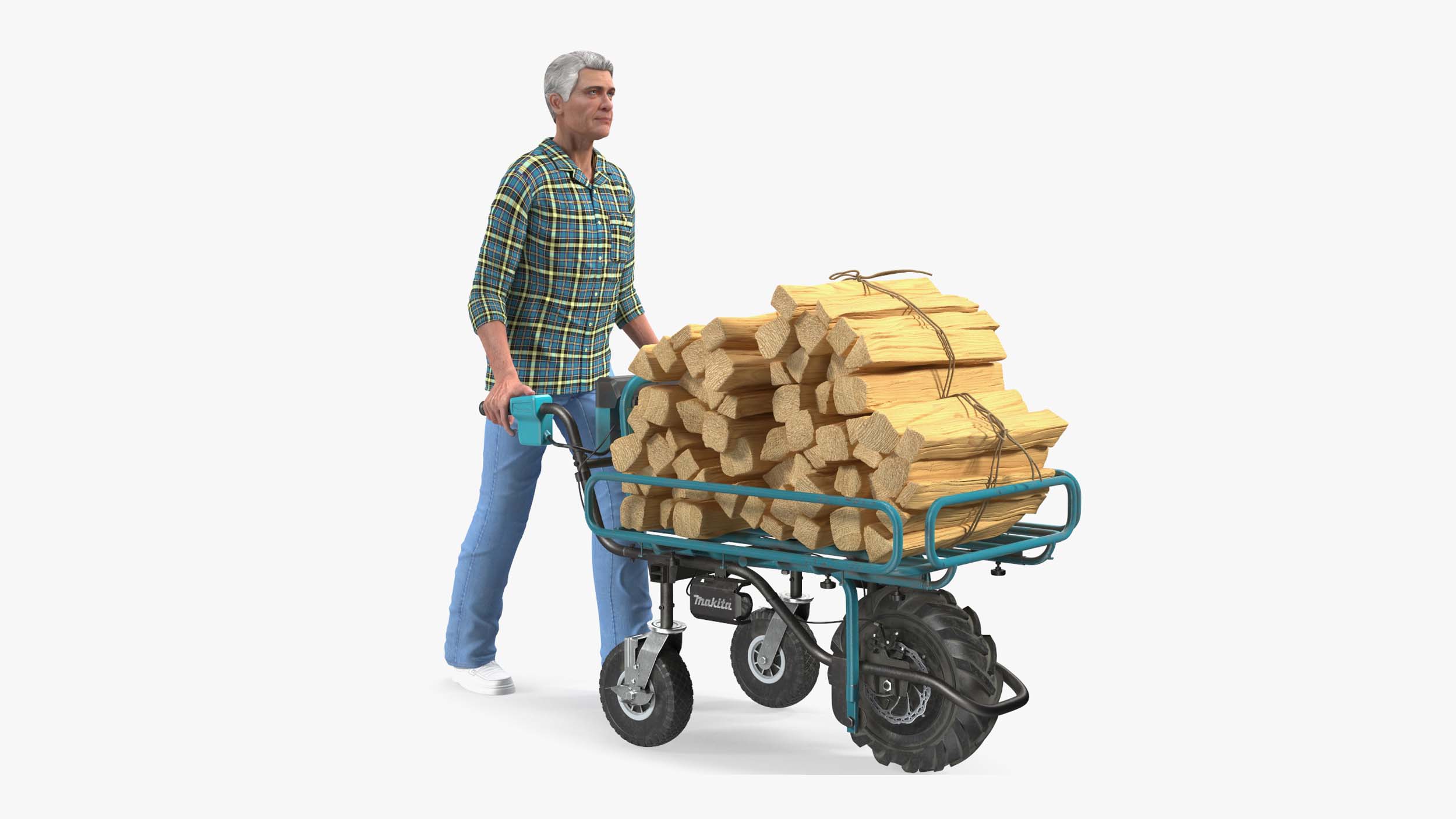 3D model Elderly Man Makita DCU180ZF Electric Wheelbarrow with Wood Rigged