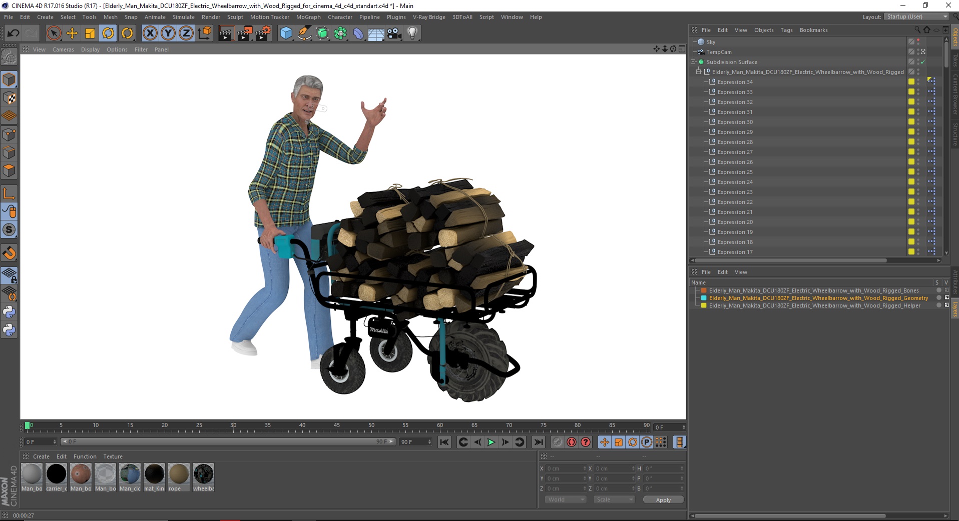 3D model Elderly Man Makita DCU180ZF Electric Wheelbarrow with Wood Rigged