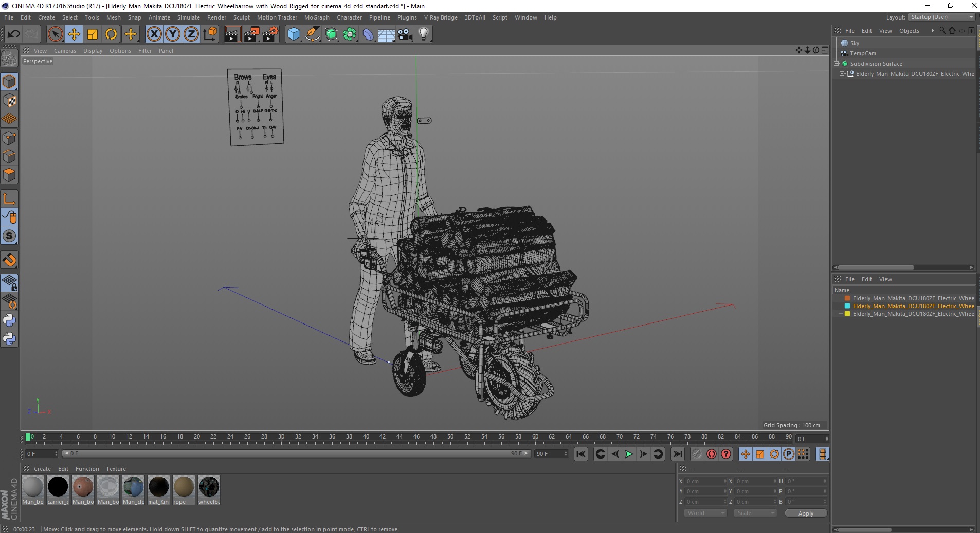 3D model Elderly Man Makita DCU180ZF Electric Wheelbarrow with Wood Rigged