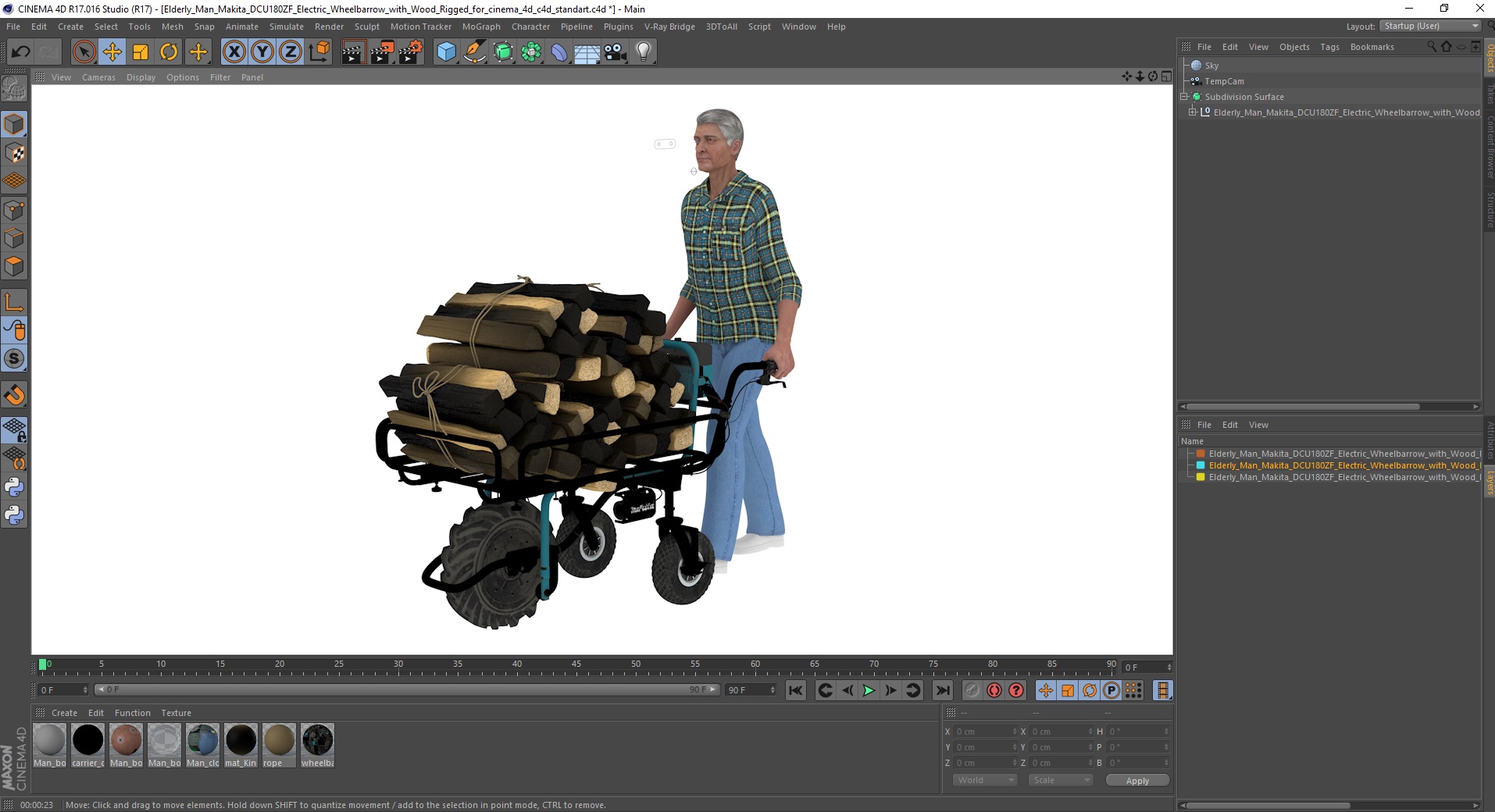 3D model Elderly Man Makita DCU180ZF Electric Wheelbarrow with Wood Rigged