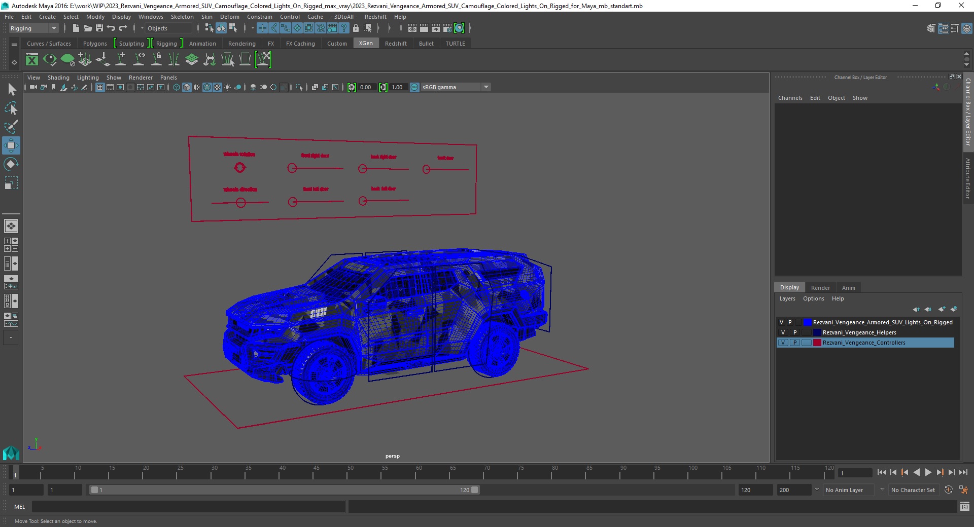 2023 Rezvani Vengeance Armored SUV Camouflage Colored Lights On Rigged for Maya 3D model