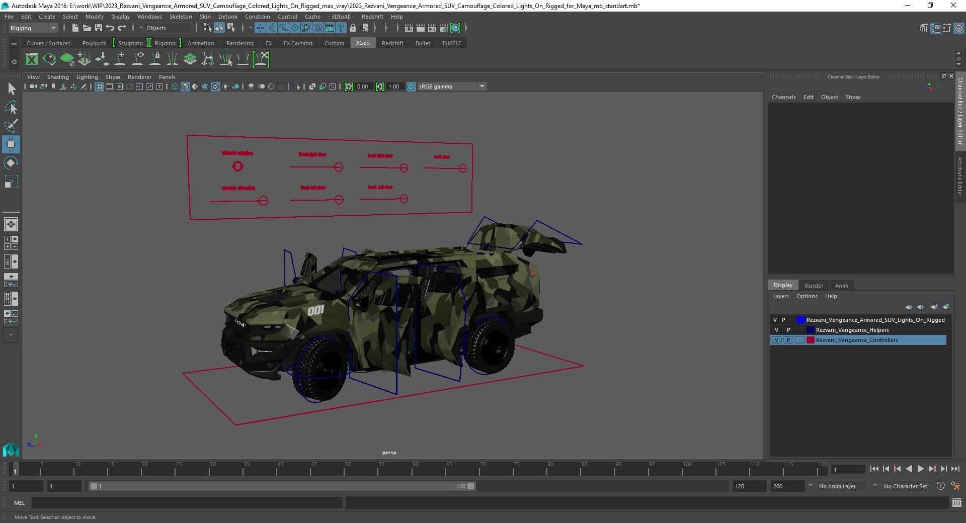 2023 Rezvani Vengeance Armored SUV Camouflage Colored Lights On Rigged for Maya 3D model