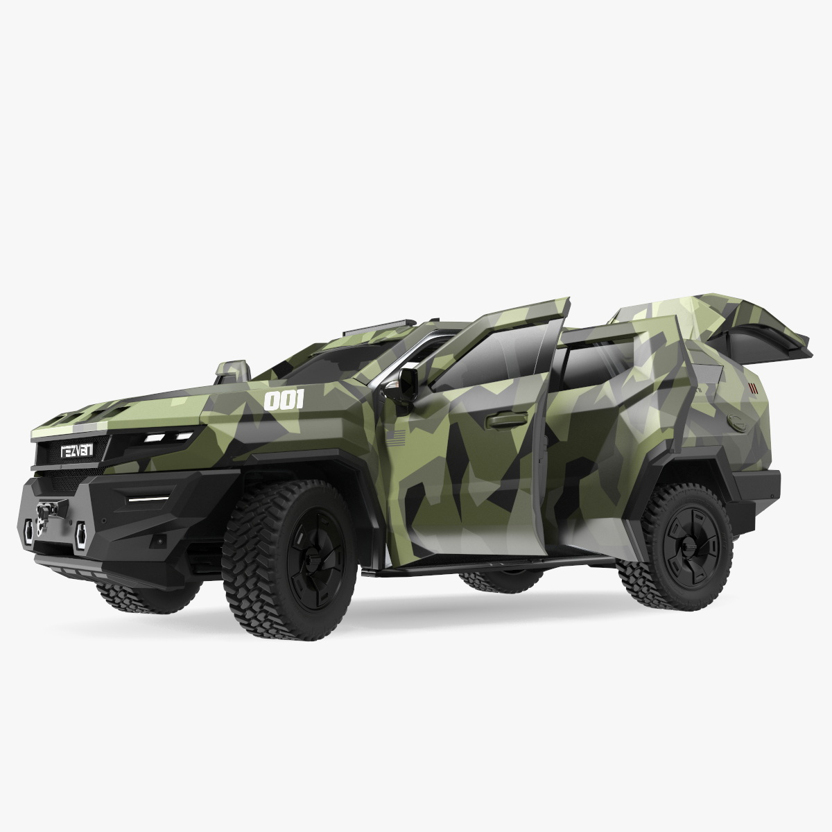 2023 Rezvani Vengeance Armored SUV Camouflage Colored Lights On Rigged for Maya 3D model