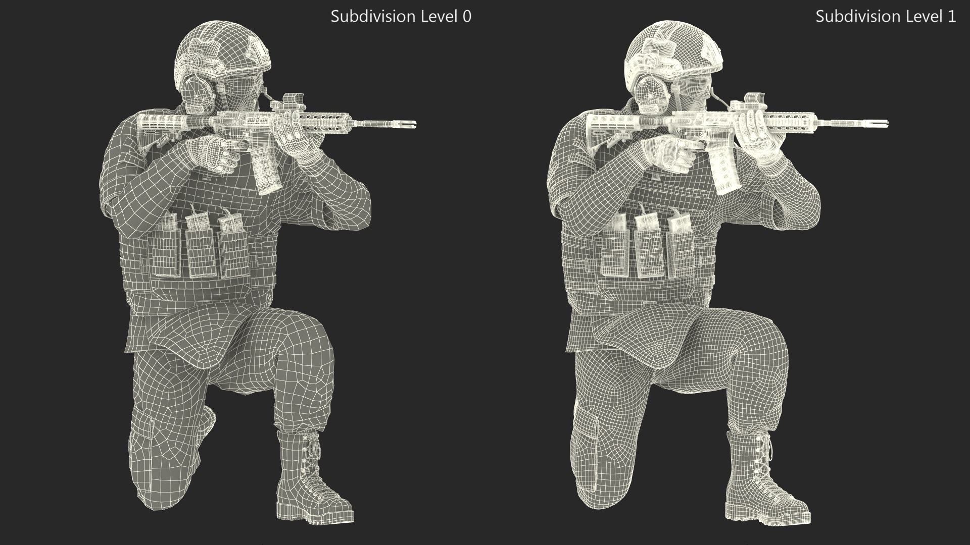 Army Soldier in Grey Camo with Rifle Aiming Fur 3D