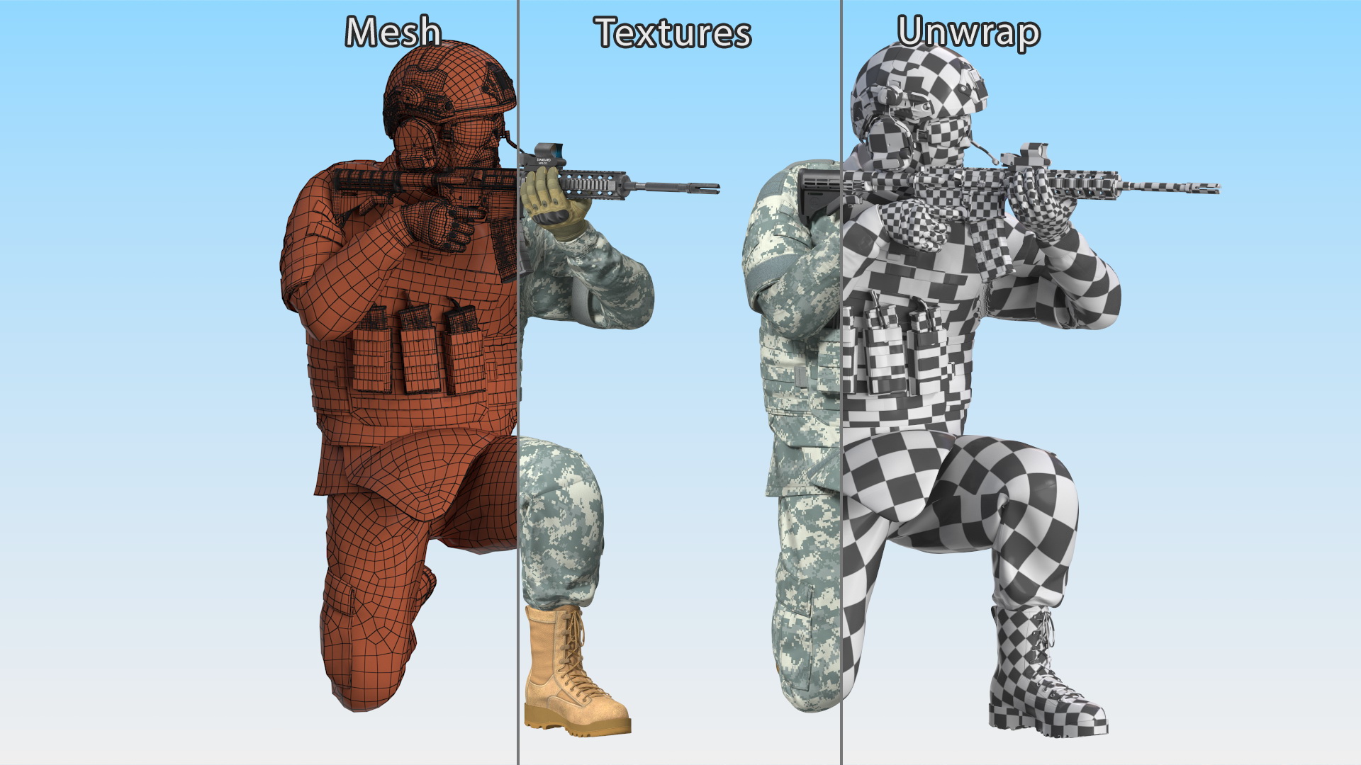 Army Soldier in Grey Camo with Rifle Aiming Fur 3D