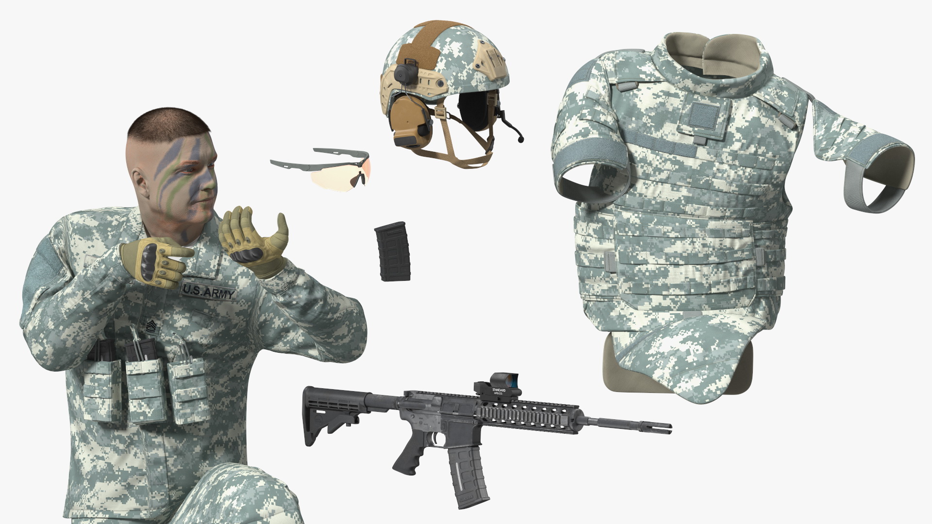 Army Soldier in Grey Camo with Rifle Aiming Fur 3D