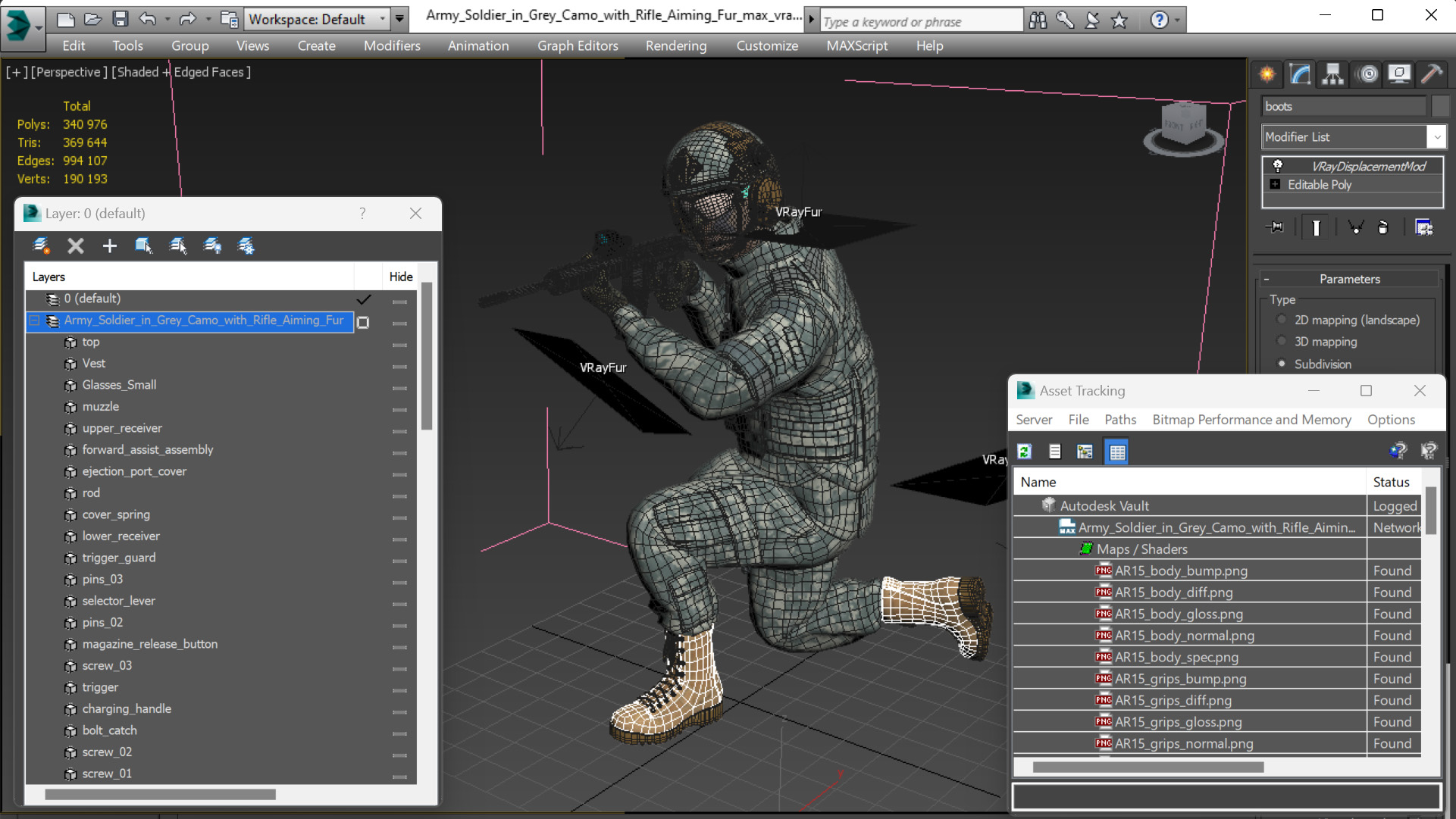 Army Soldier in Grey Camo with Rifle Aiming Fur 3D