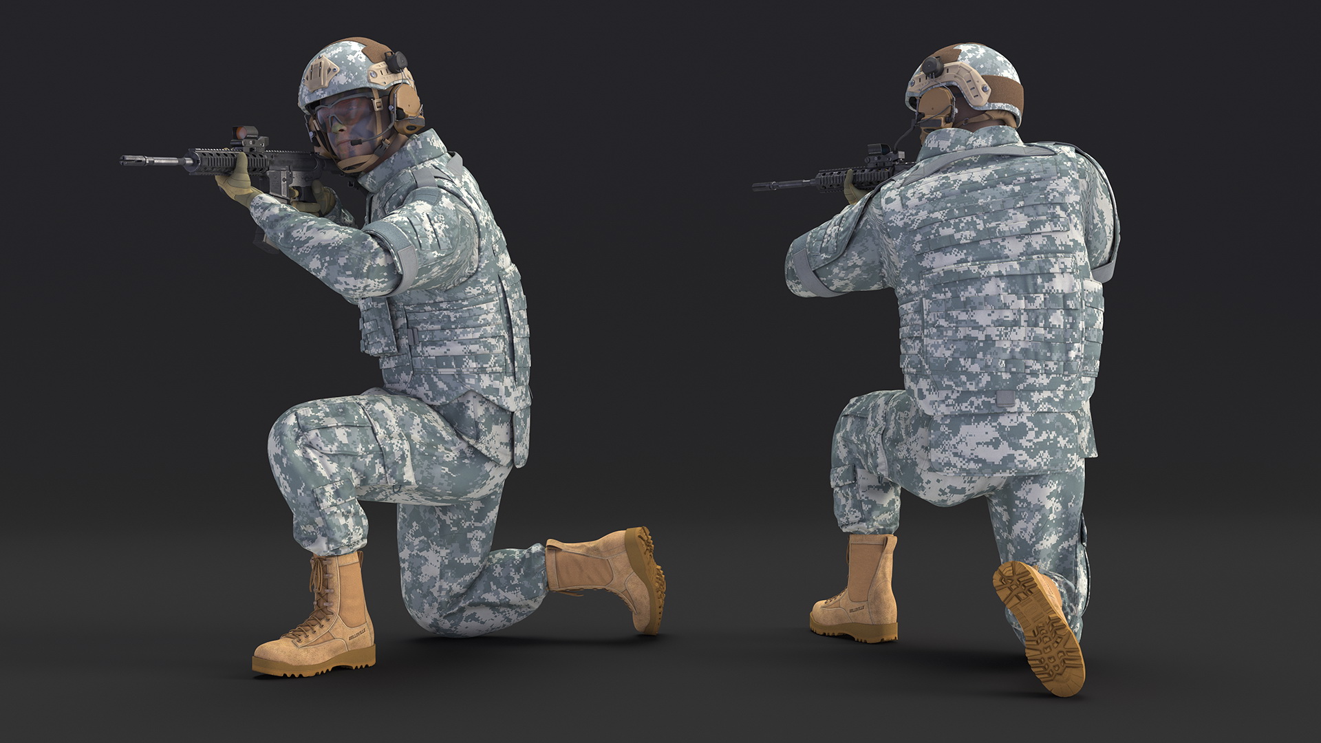 Army Soldier in Grey Camo with Rifle Aiming Fur 3D