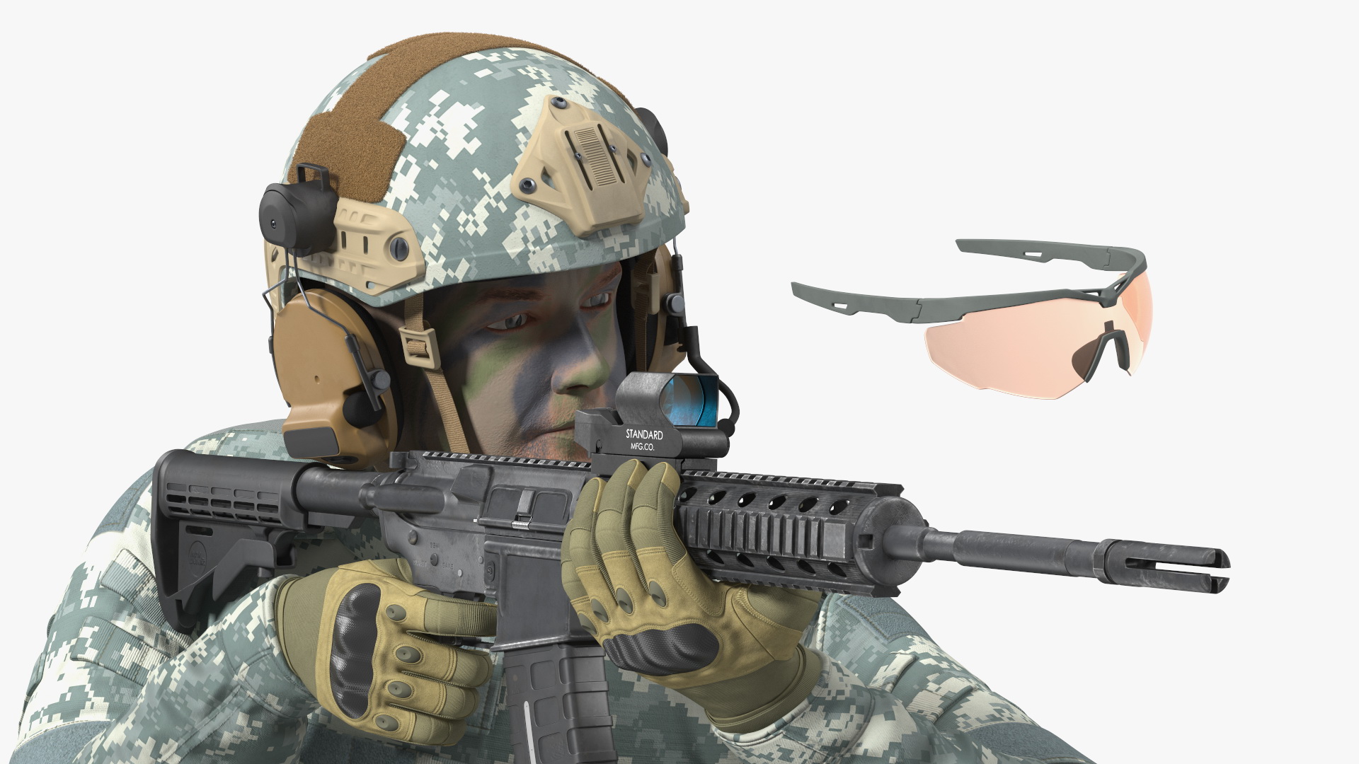 Army Soldier in Grey Camo with Rifle Aiming Fur 3D