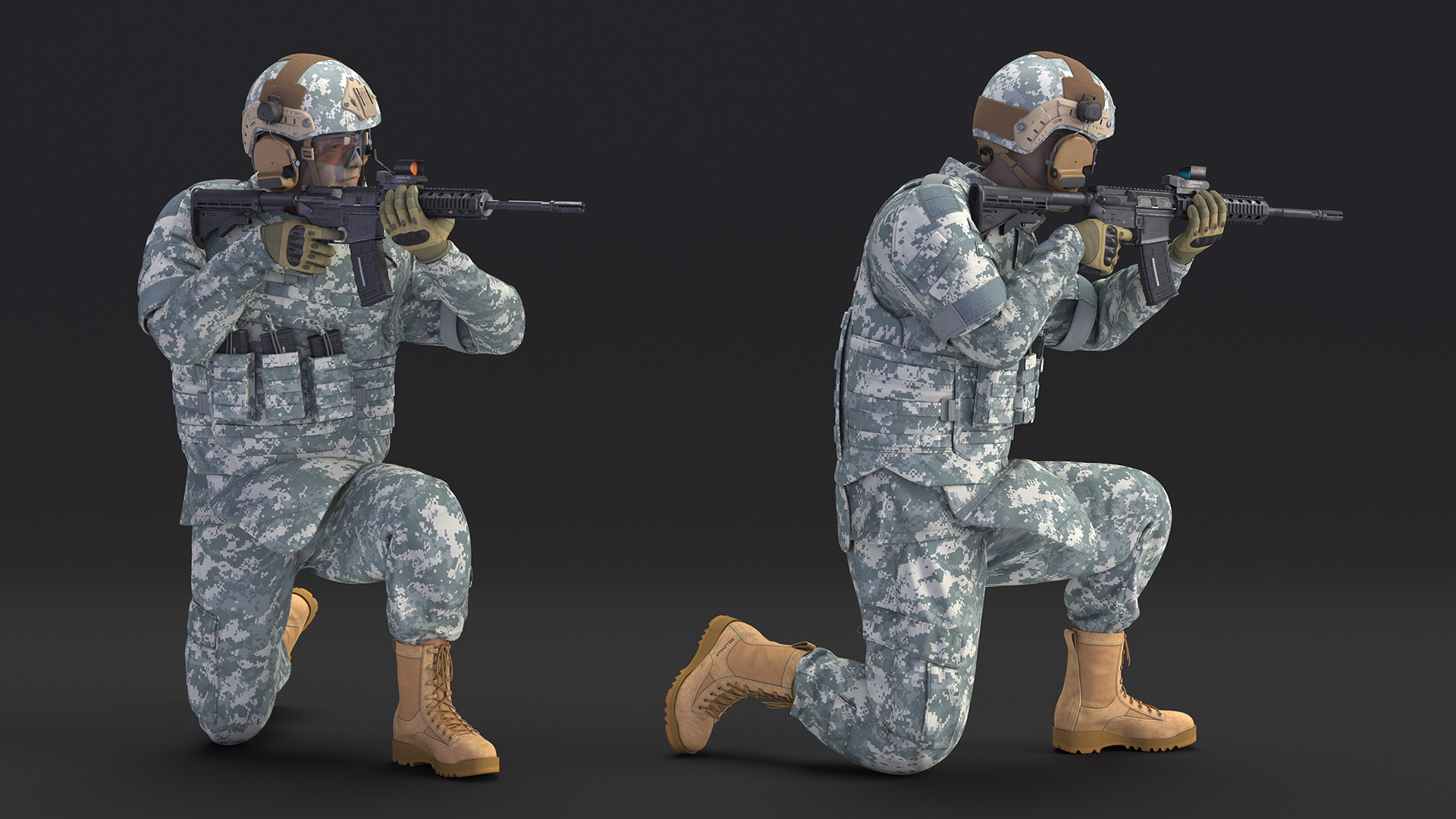 Army Soldier in Grey Camo with Rifle Aiming Fur 3D