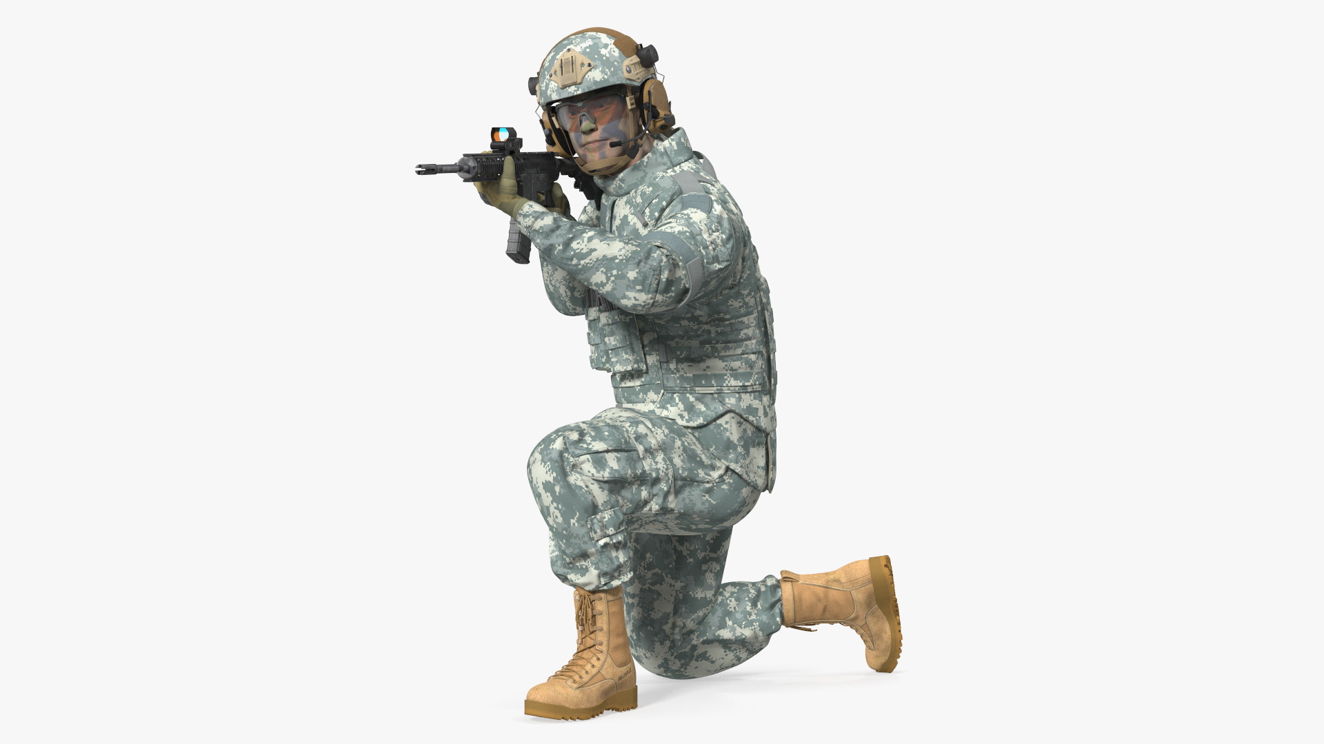 Army Soldier in Grey Camo with Rifle Aiming Fur 3D