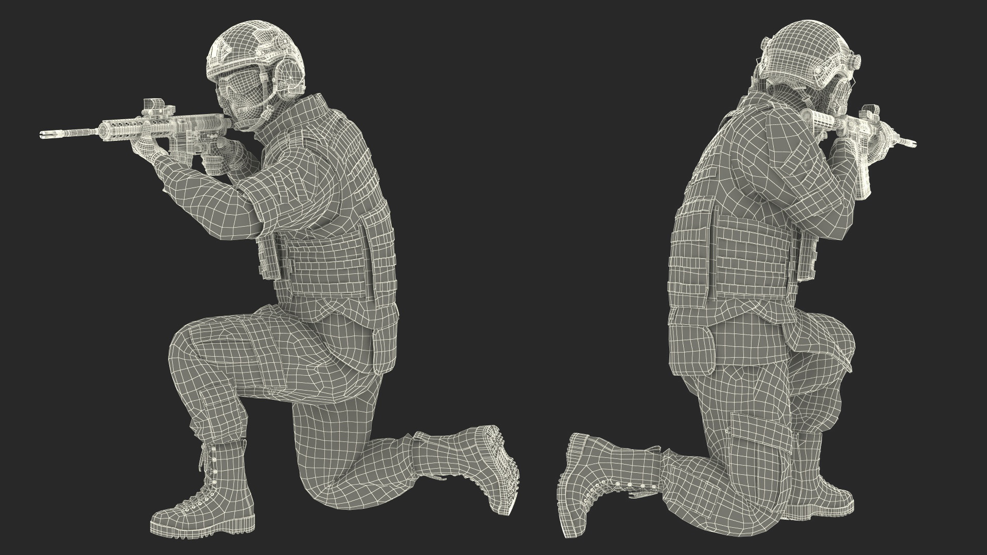 Army Soldier in Grey Camo with Rifle Aiming Fur 3D