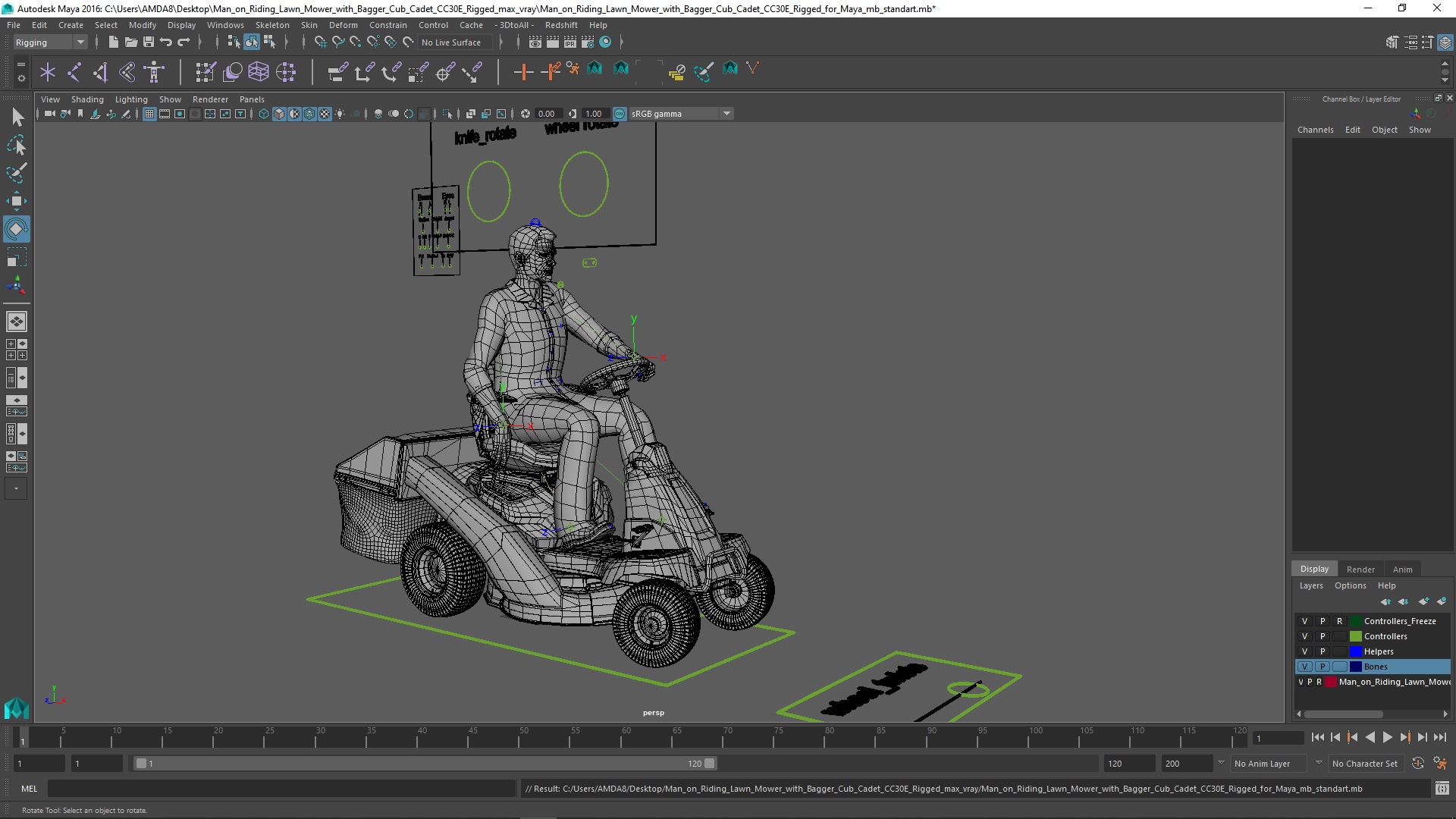 3D Man on Riding Lawn Mower with Bagger Cub Cadet CC30E Rigged for Maya model