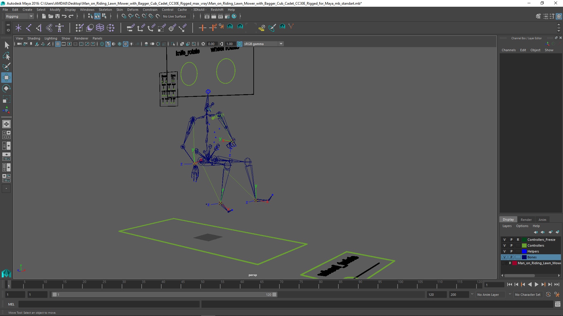 3D Man on Riding Lawn Mower with Bagger Cub Cadet CC30E Rigged for Maya model