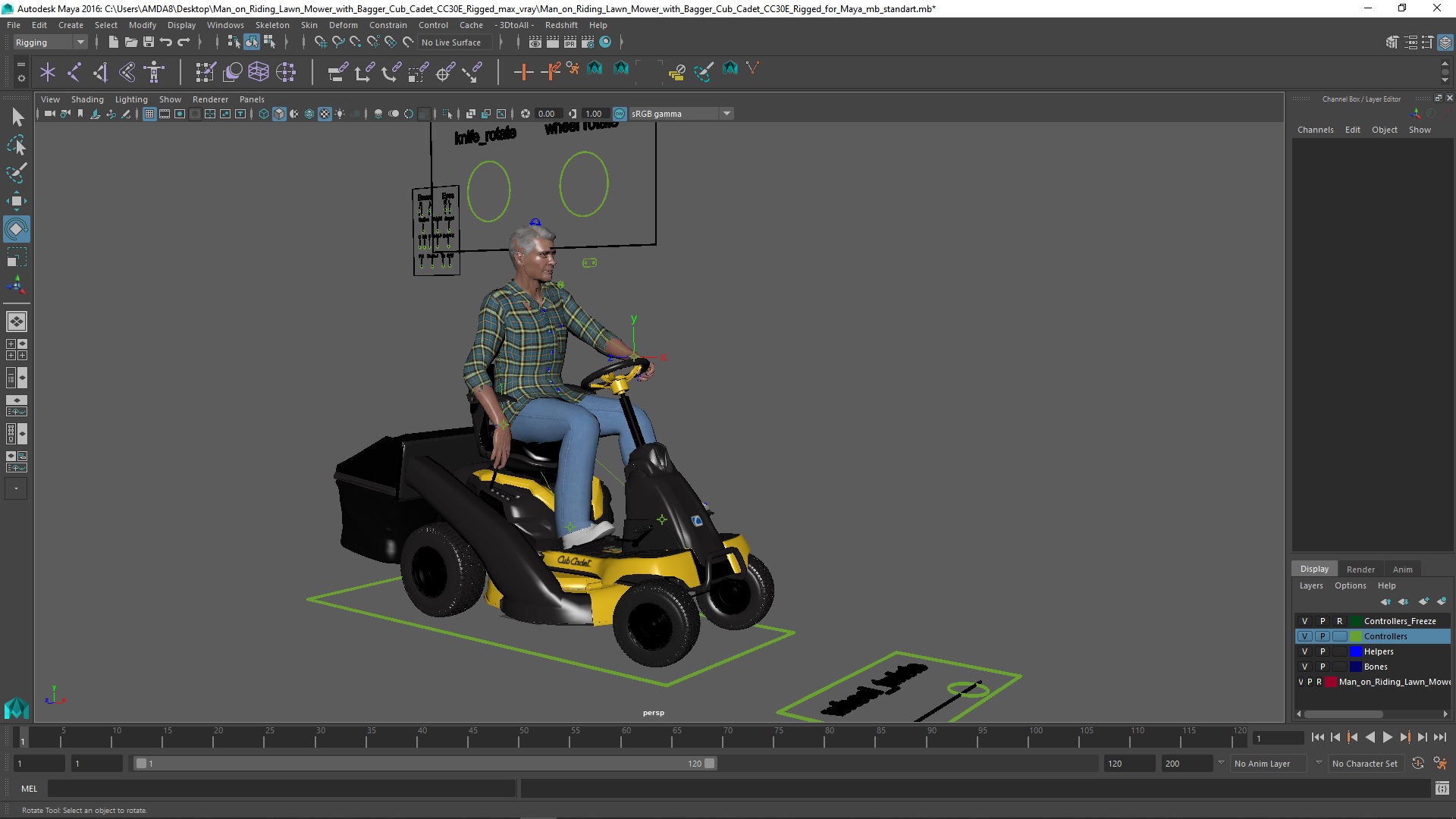 3D Man on Riding Lawn Mower with Bagger Cub Cadet CC30E Rigged for Maya model