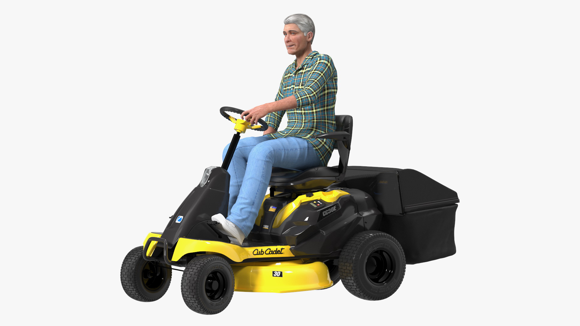 3D Man on Riding Lawn Mower with Bagger Cub Cadet CC30E Rigged for Maya model