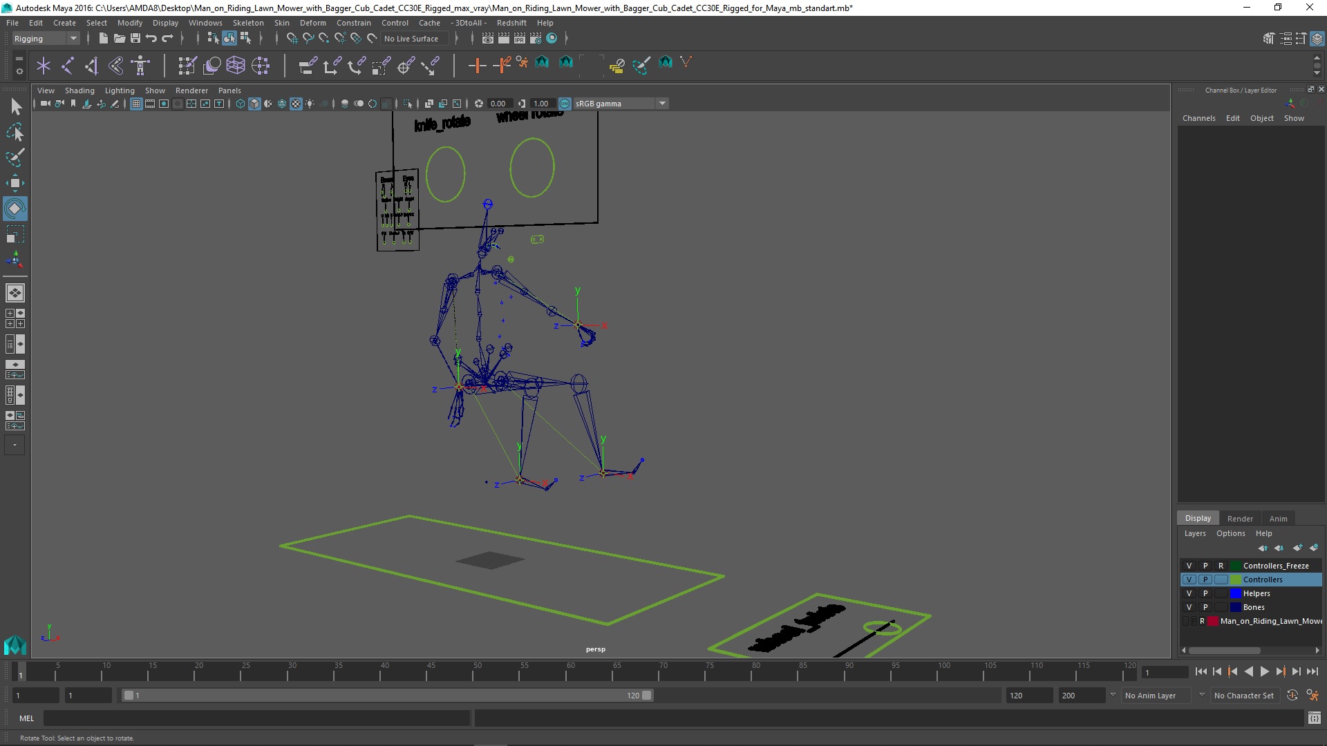 3D Man on Riding Lawn Mower with Bagger Cub Cadet CC30E Rigged for Maya model