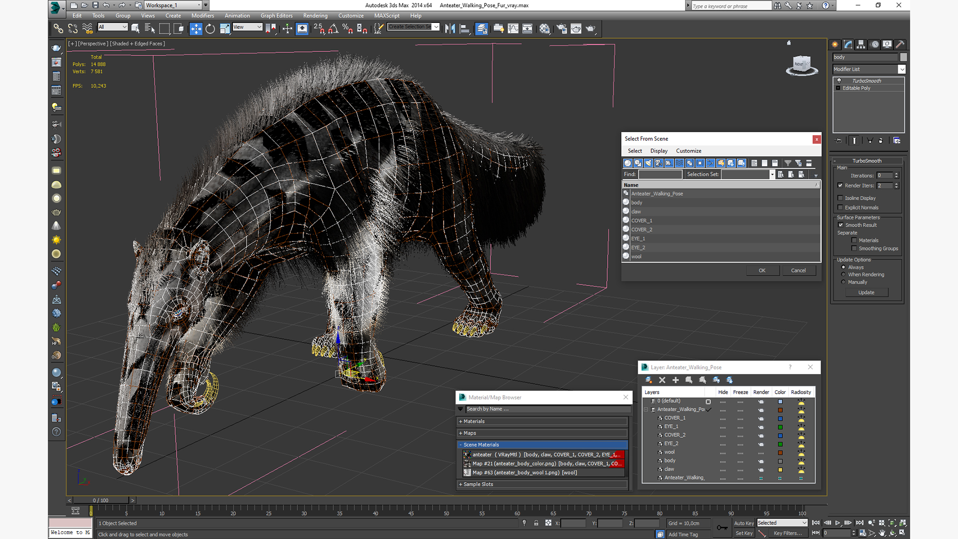 3D model Anteater Walking Pose Fur