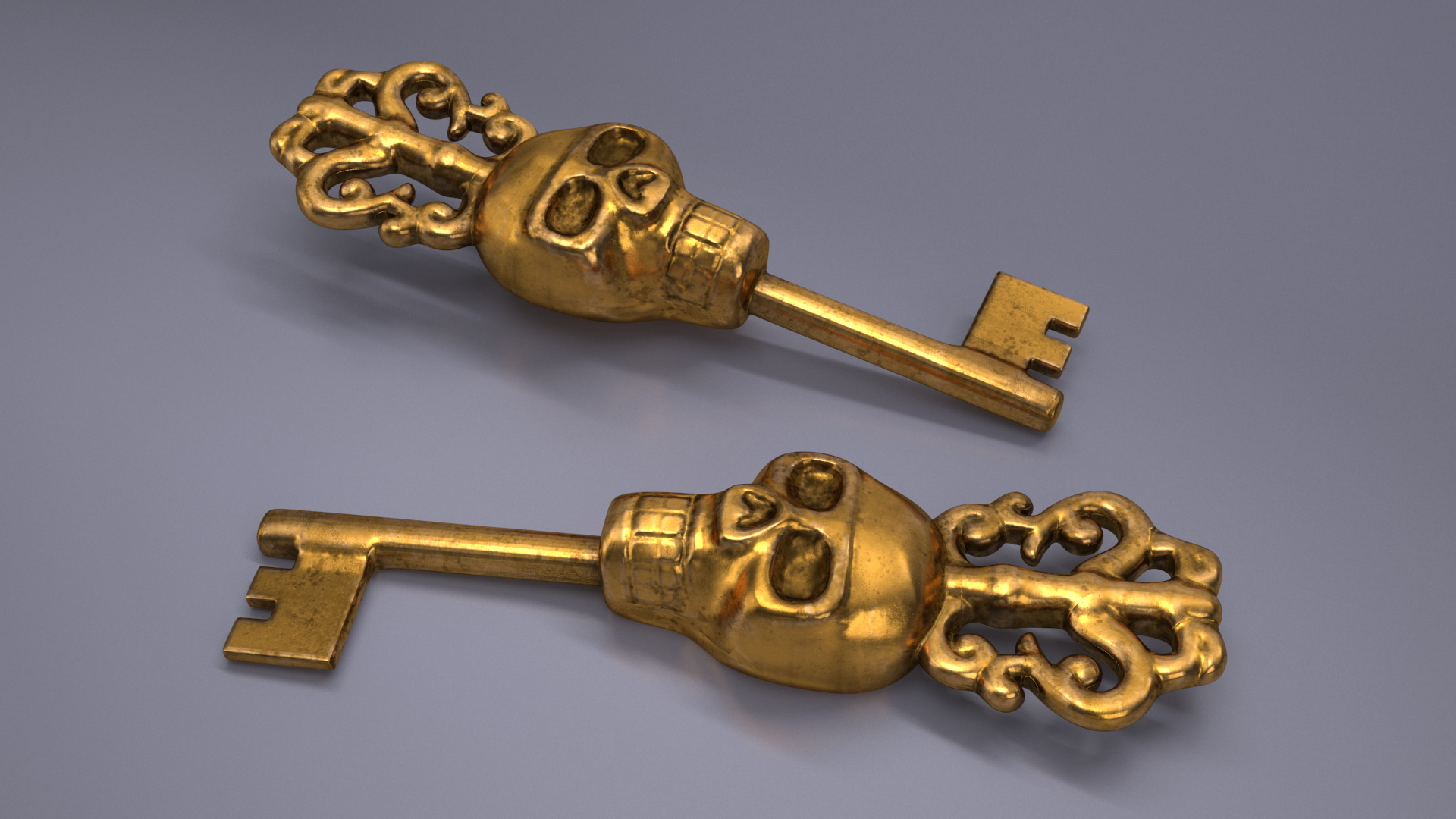 3D Ornate Skull Gothic Key Gold model