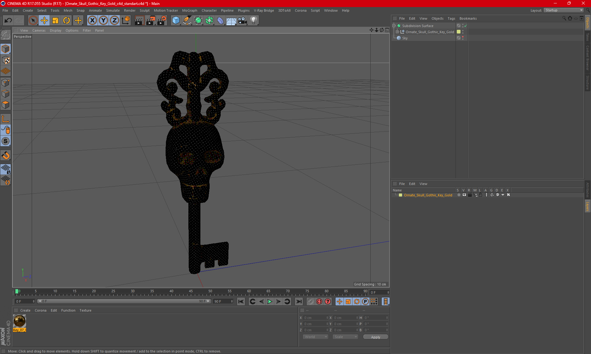 3D Ornate Skull Gothic Key Gold model