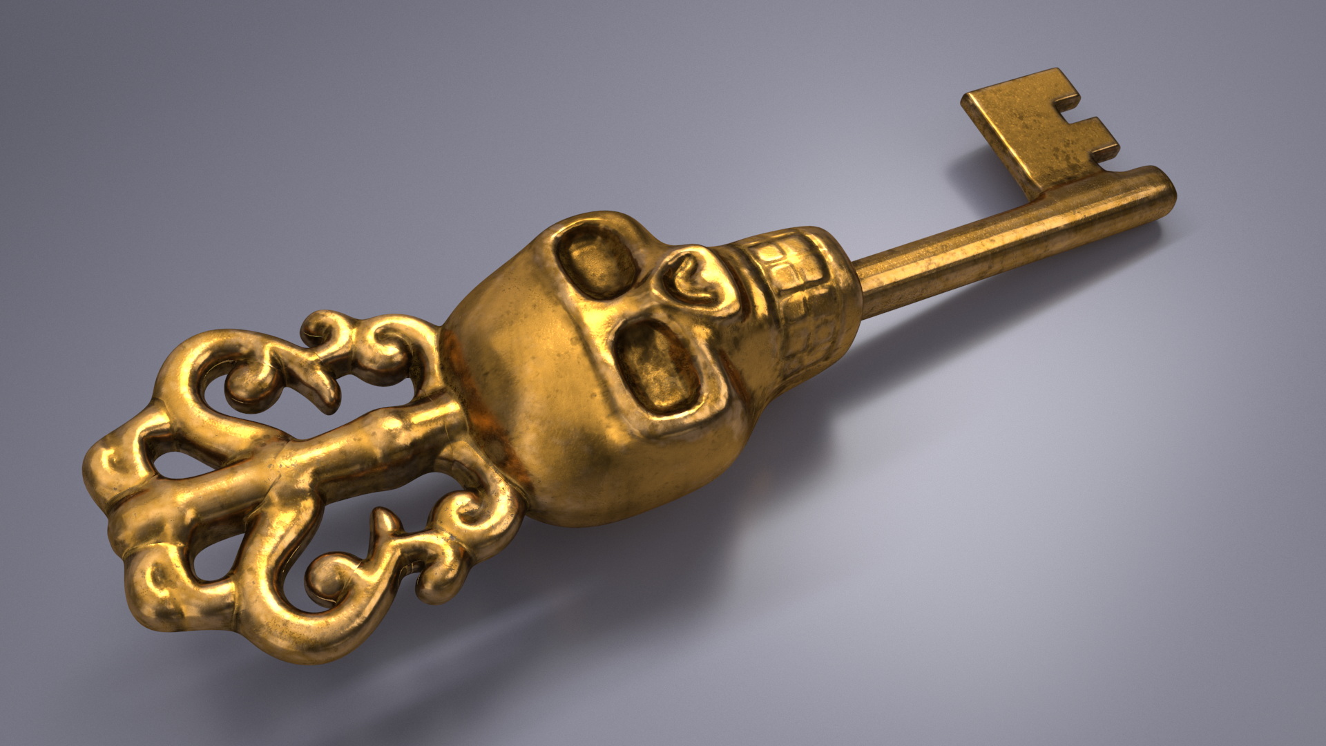 3D Ornate Skull Gothic Key Gold model