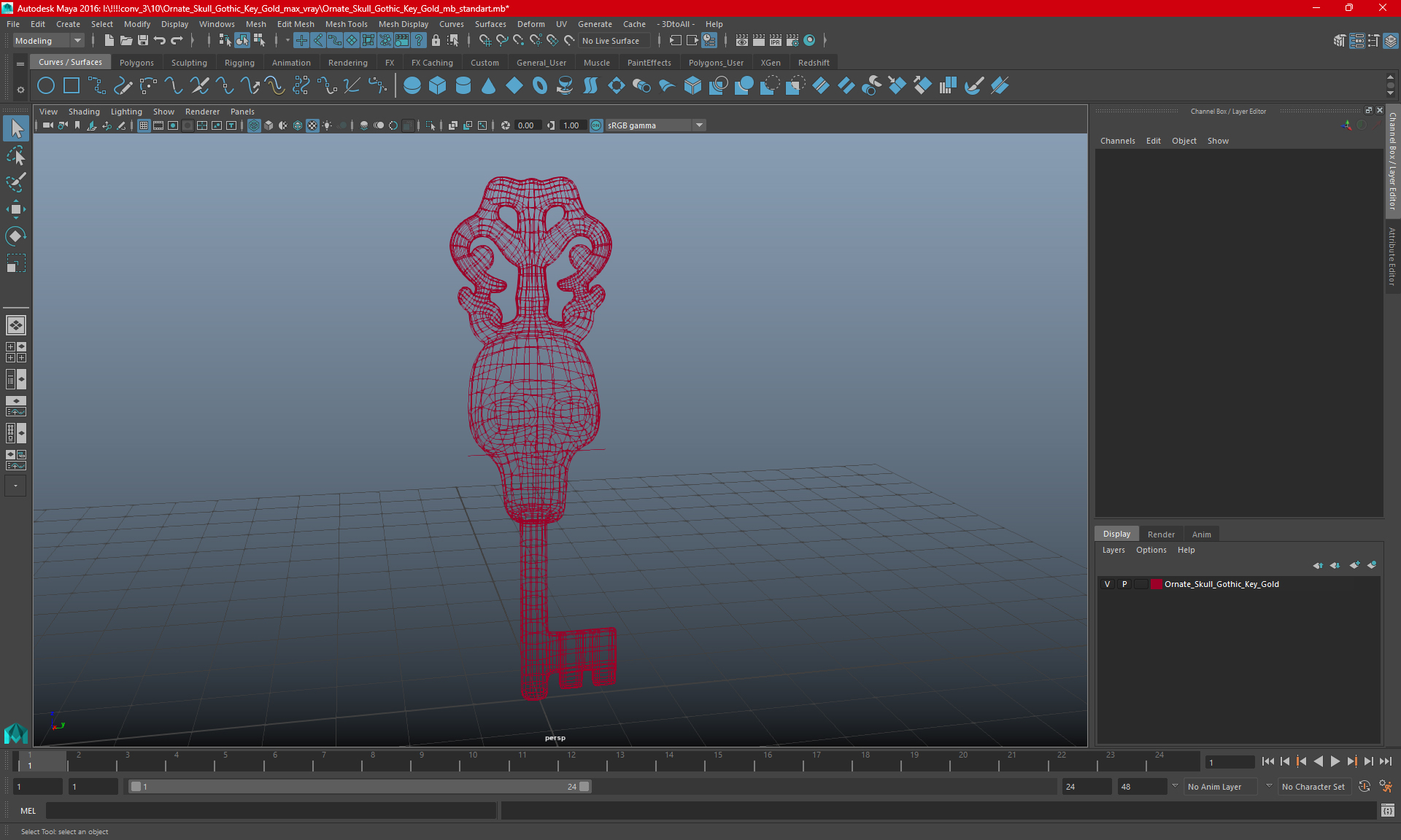 3D Ornate Skull Gothic Key Gold model
