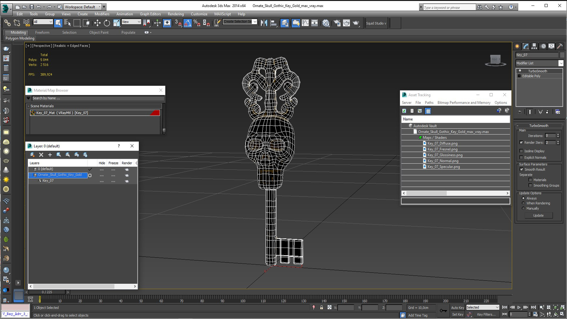 3D Ornate Skull Gothic Key Gold model