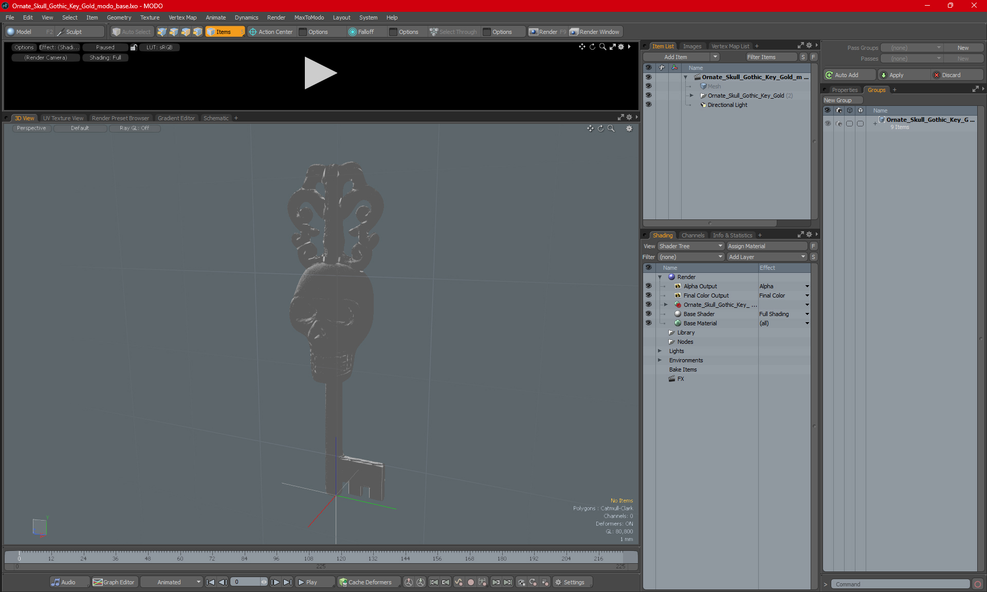 3D Ornate Skull Gothic Key Gold model