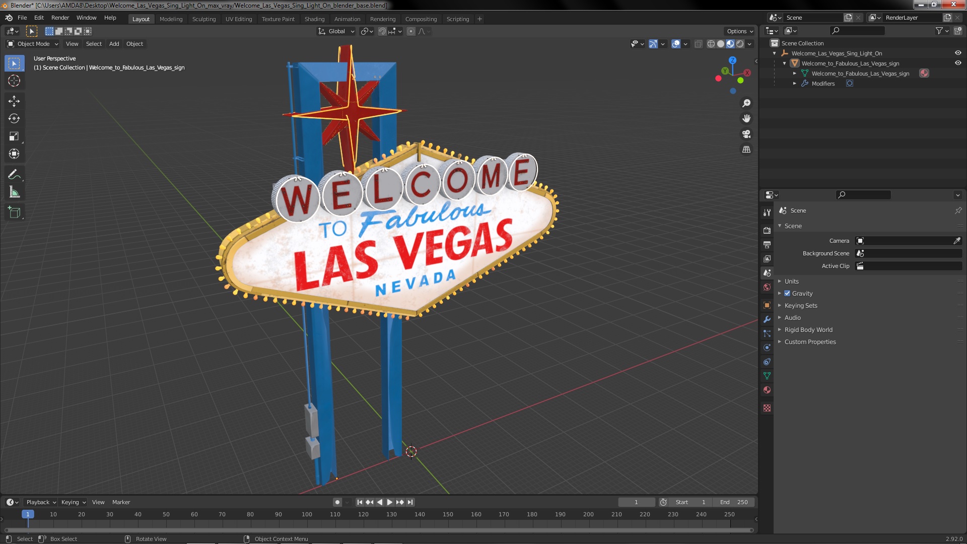 3D Welcome Las Vegas Sign Light On