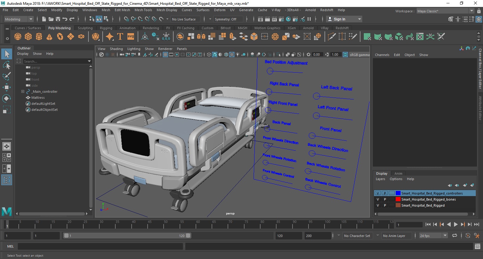 Smart Hospital Bed Off State Rigged for Maya 3D model