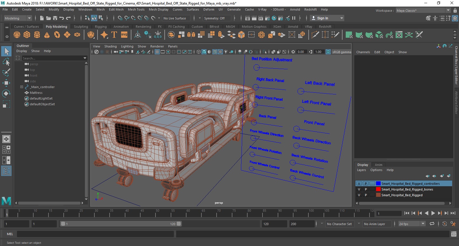 Smart Hospital Bed Off State Rigged for Maya 3D model