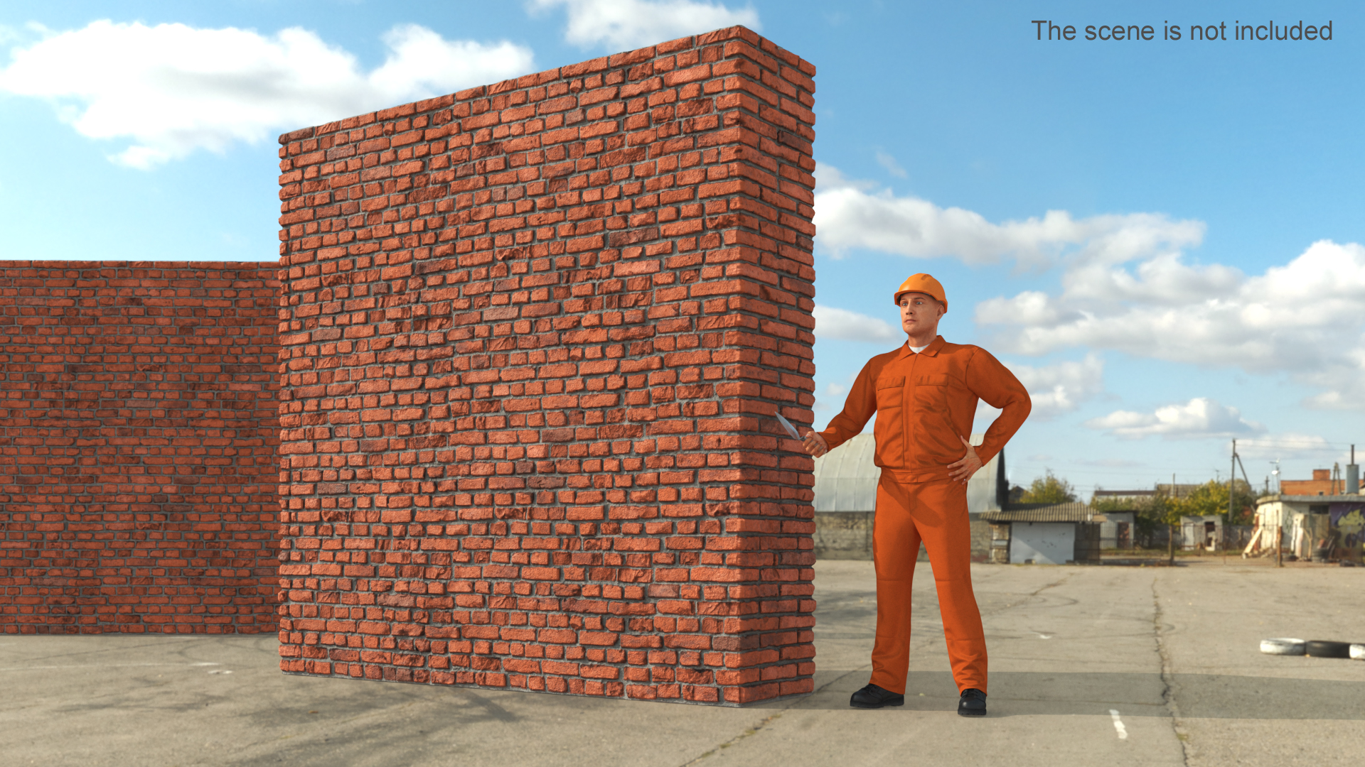 3D model Old Brick Red Wall With Worker