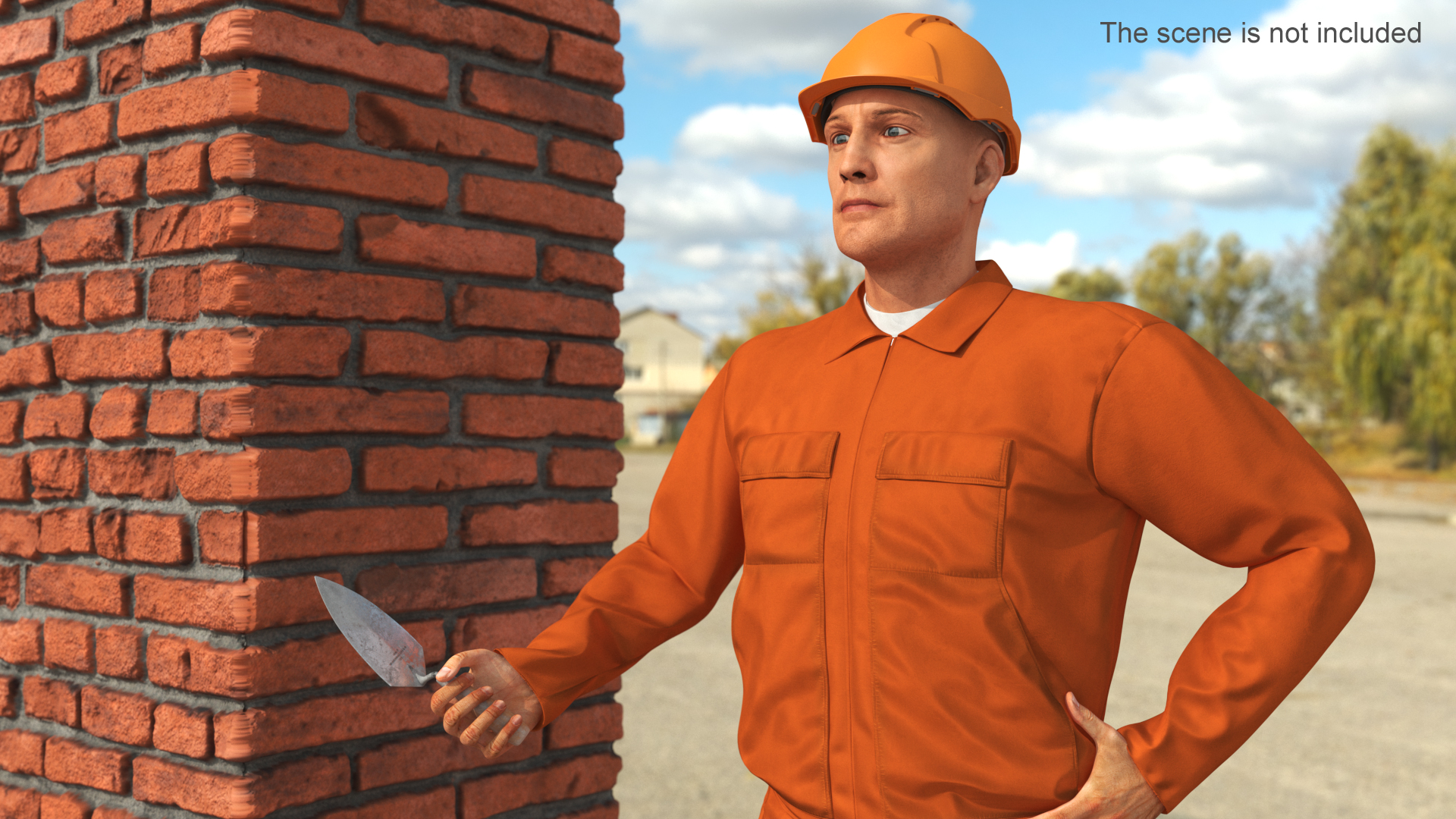 3D model Old Brick Red Wall With Worker