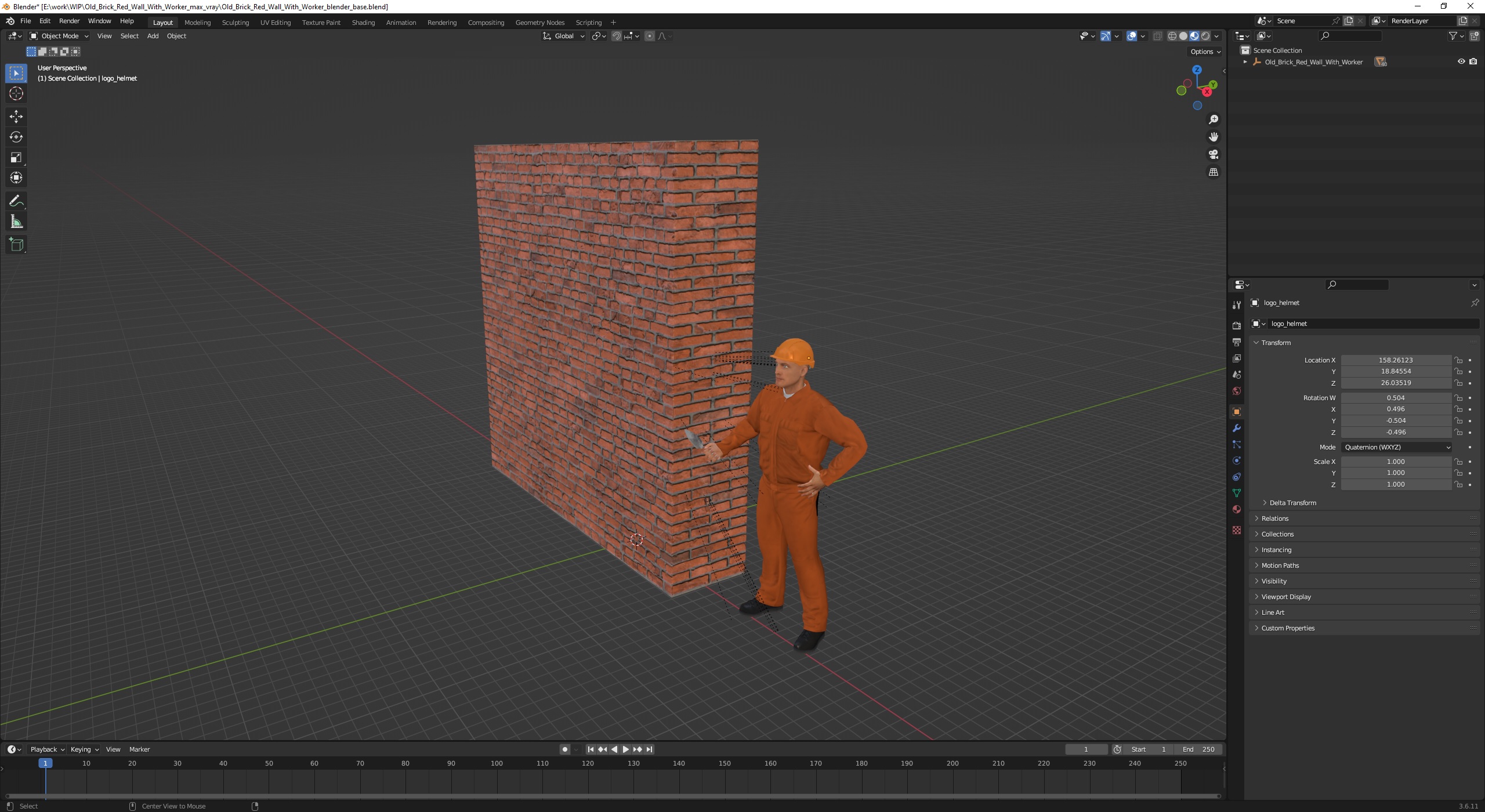 3D model Old Brick Red Wall With Worker
