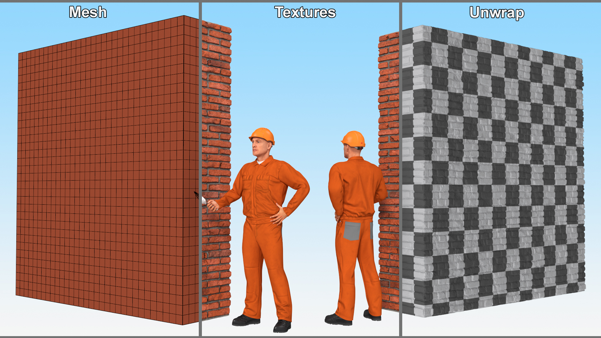 3D model Old Brick Red Wall With Worker