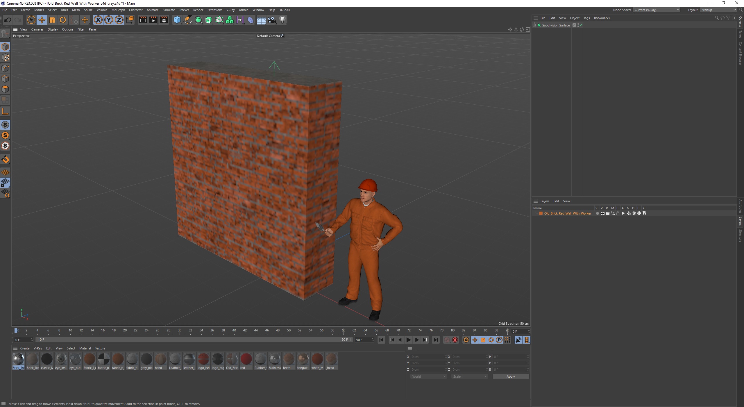 3D model Old Brick Red Wall With Worker