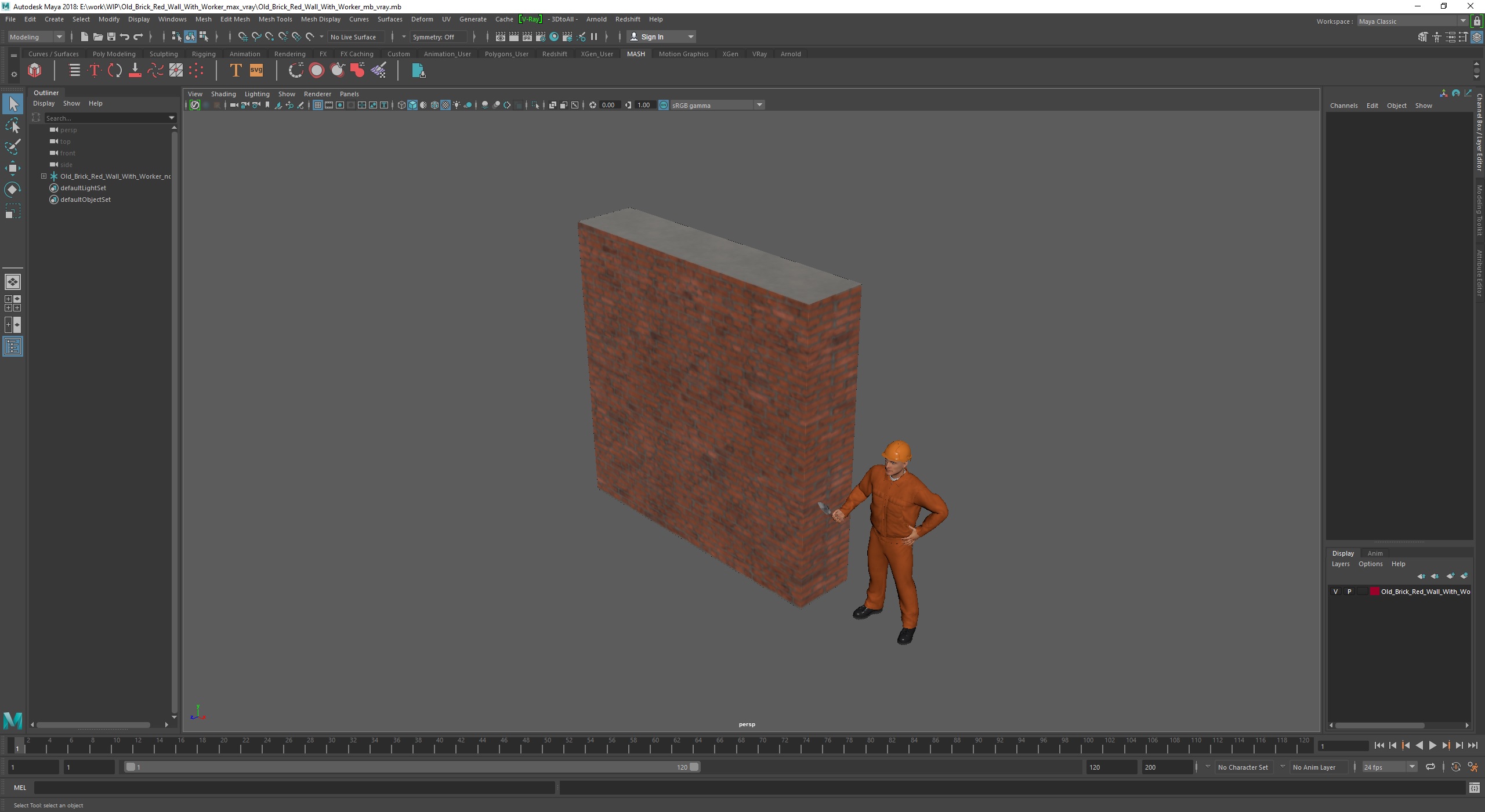 3D model Old Brick Red Wall With Worker