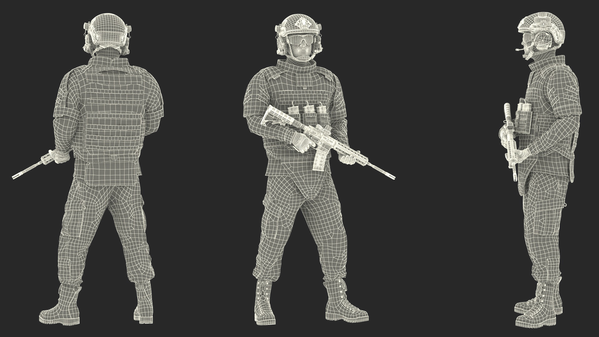Soldier in Grey Tactical Gear with Rifle Standing 3D model