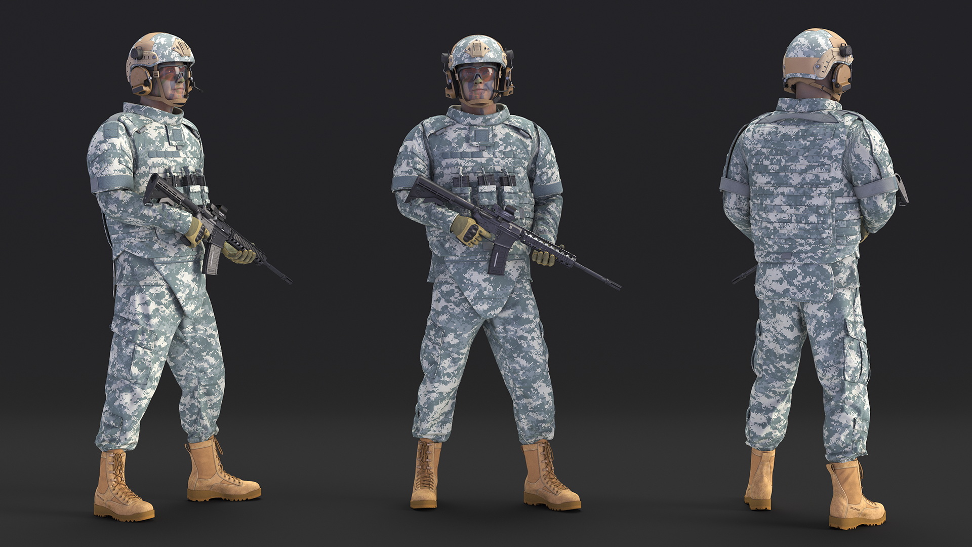 Soldier in Grey Tactical Gear with Rifle Standing 3D model