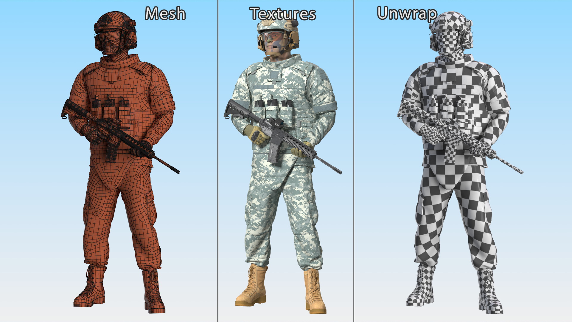 Soldier in Grey Tactical Gear with Rifle Standing 3D model