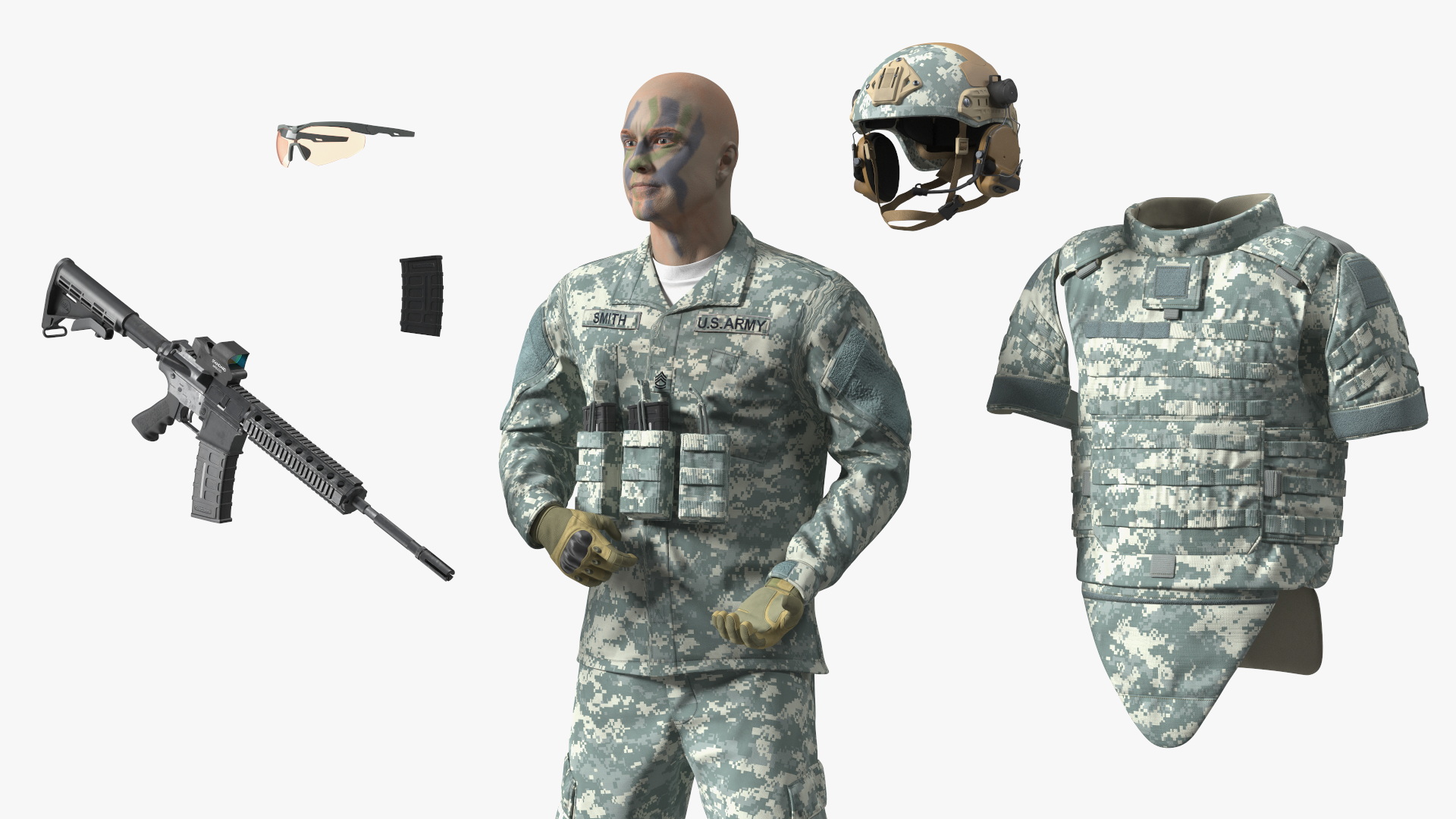 Soldier in Grey Tactical Gear with Rifle Standing 3D model